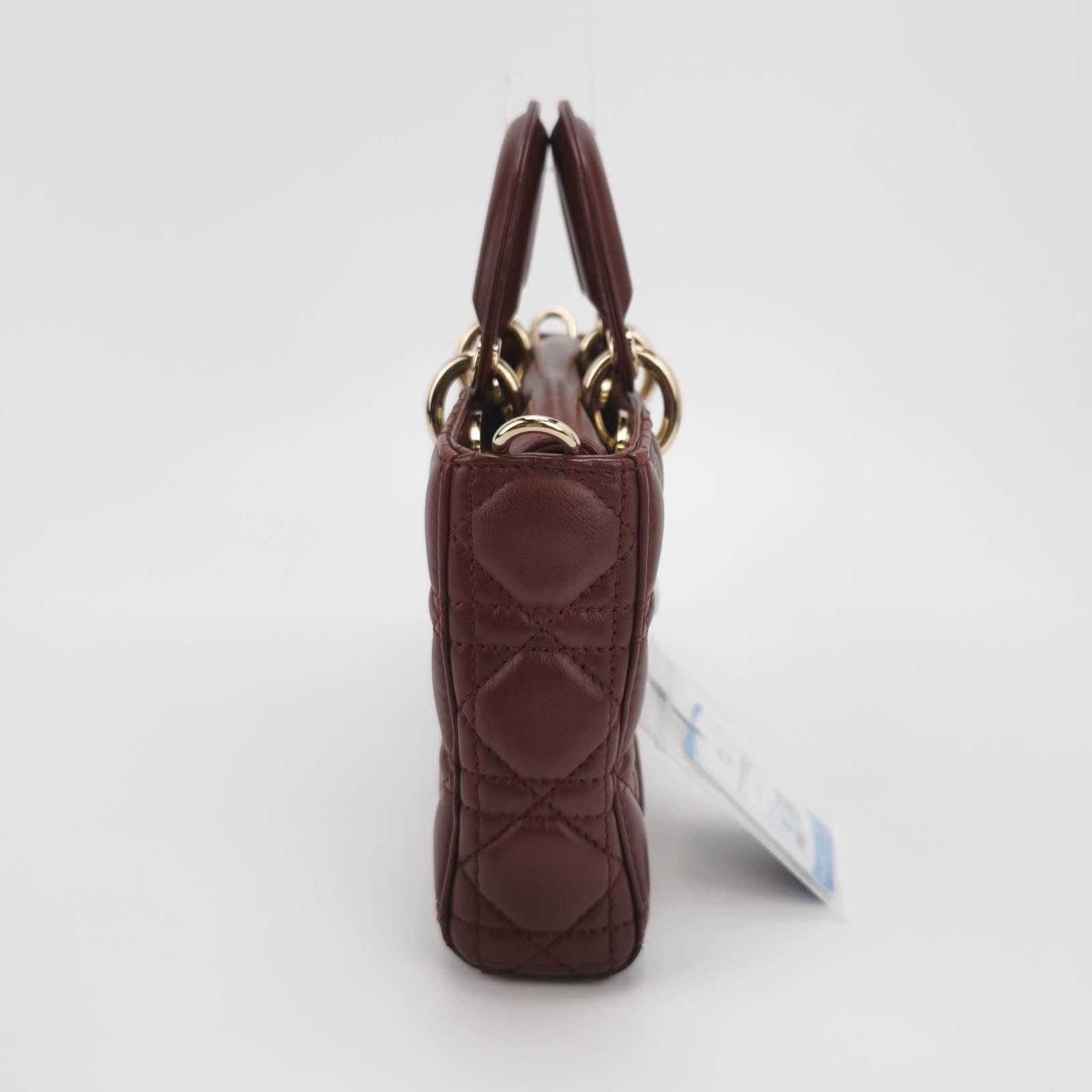 Brown Lady D-Joy Medium Handbag Burgundy Lambskin Cannage Leather For Sale