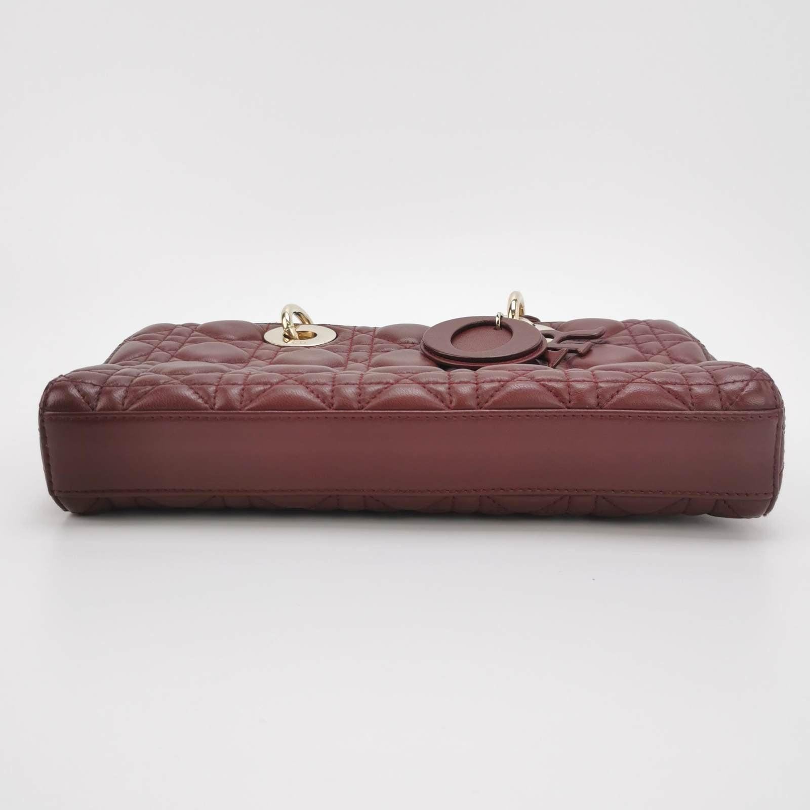 Lady D-Joy Medium Handbag Burgundy Lambskin Cannage Leather For Sale 2