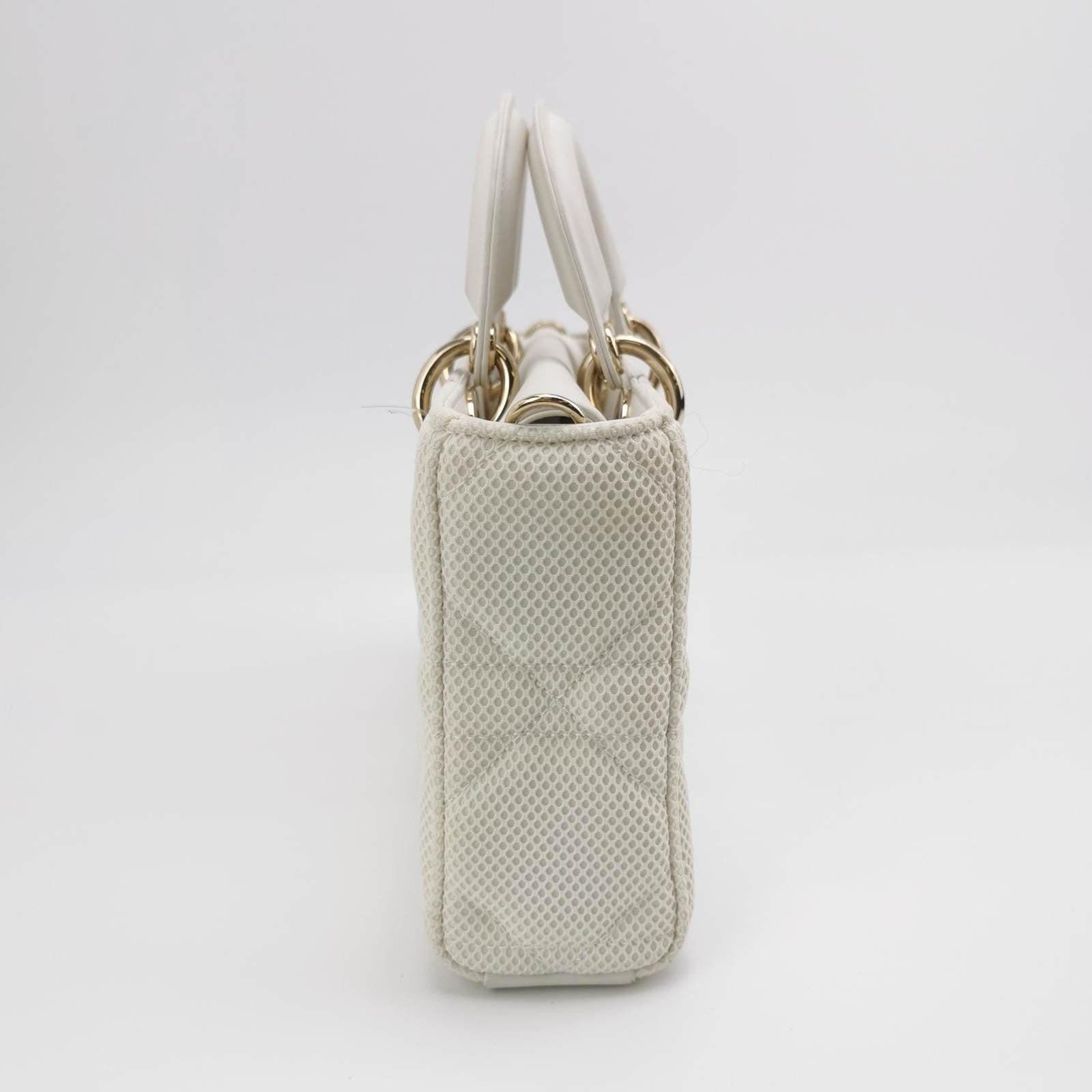 Lady D-Joy Mini Handbag Microcannage Technical Fabric White with Two Straps In Excellent Condition In AUBERVILLIERS, FR