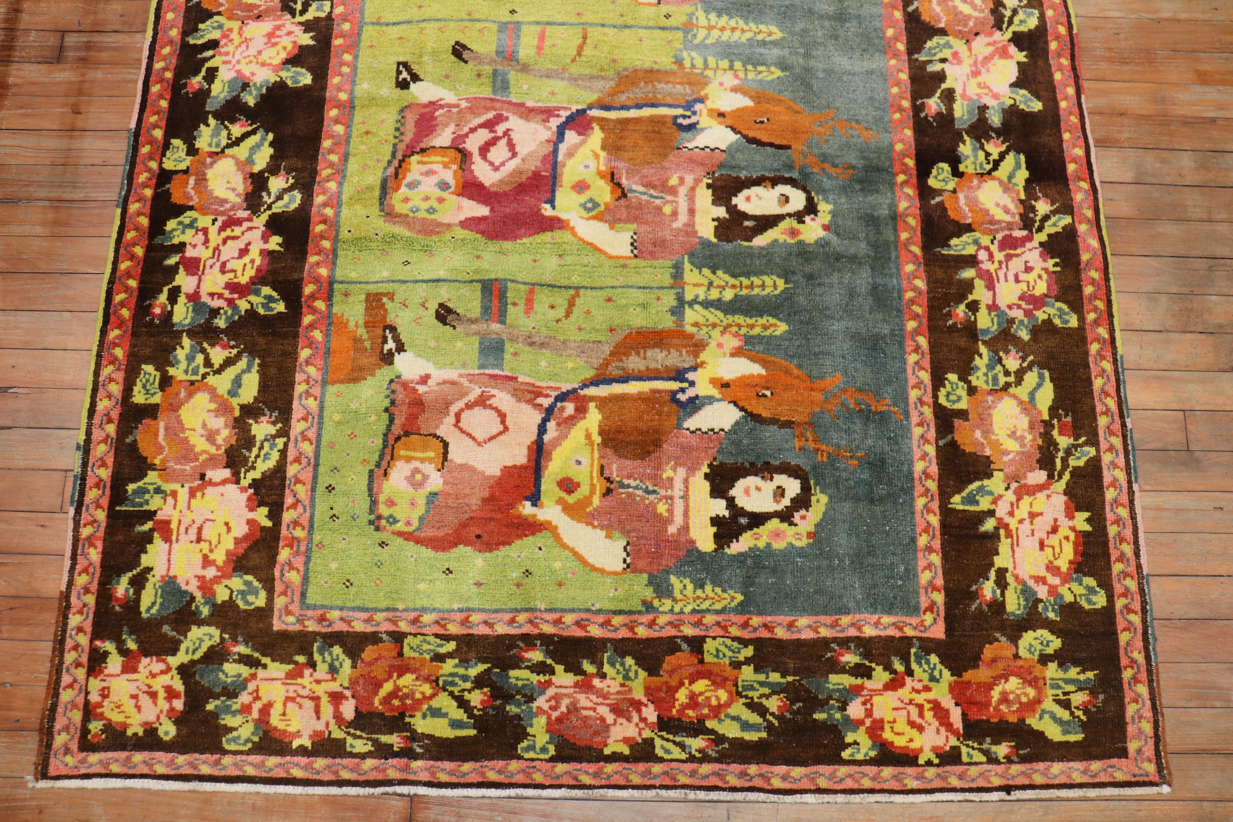 Lady Deer Butter, farbenfroher, malerischer Vintage Karabagh Teppich (Volkskunst) im Angebot