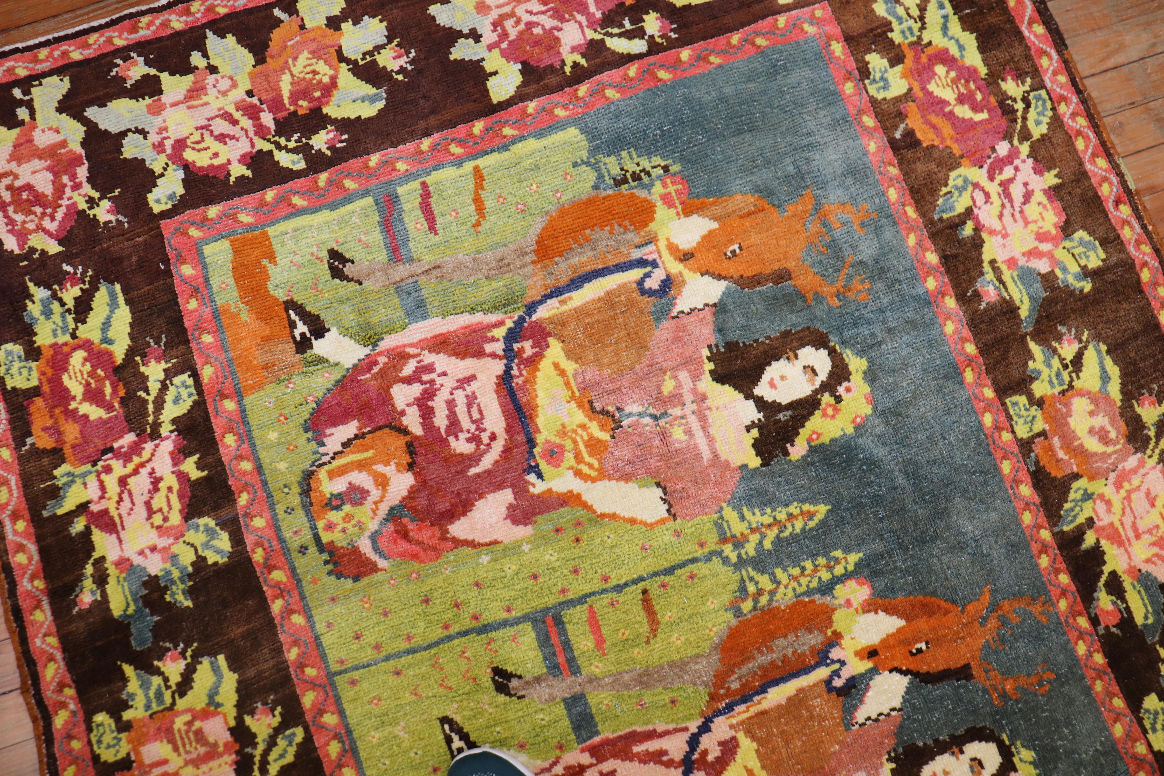 Lady Deer Butter, farbenfroher, malerischer Vintage Karabagh Teppich (Russisch) im Angebot