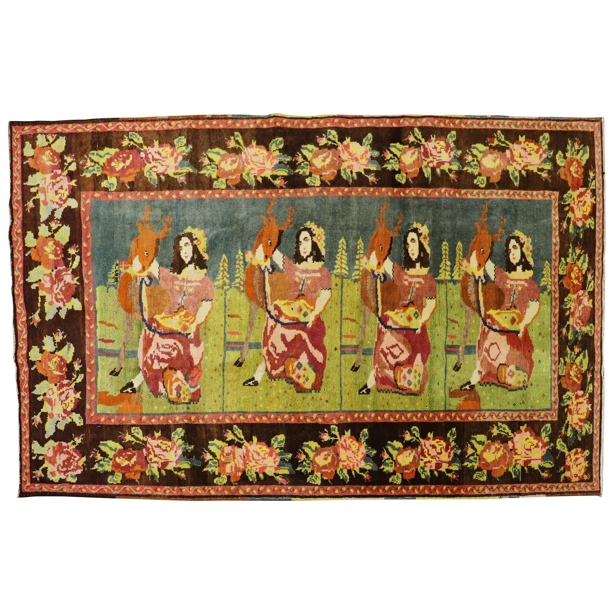 Lady Deer Butter, farbenfroher, malerischer Vintage Karabagh Teppich im Angebot