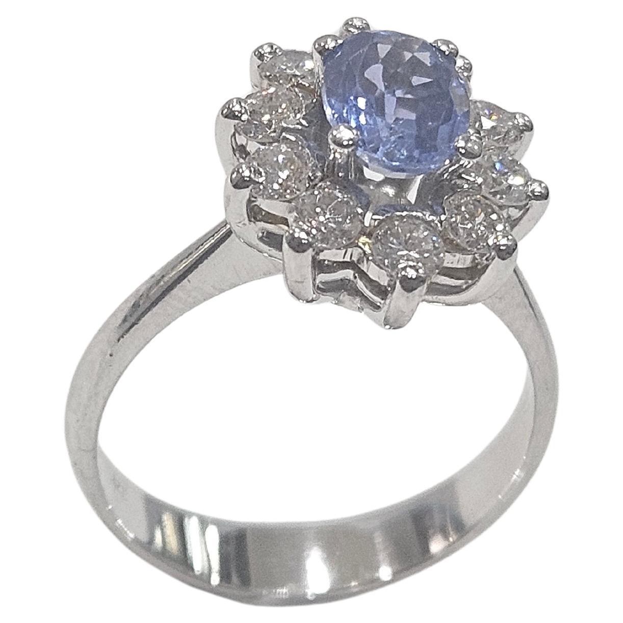 Lady Di Ring Hande Made Ceylan Saphir und Diamant  Weißgold 18kt (Ovalschliff) im Angebot