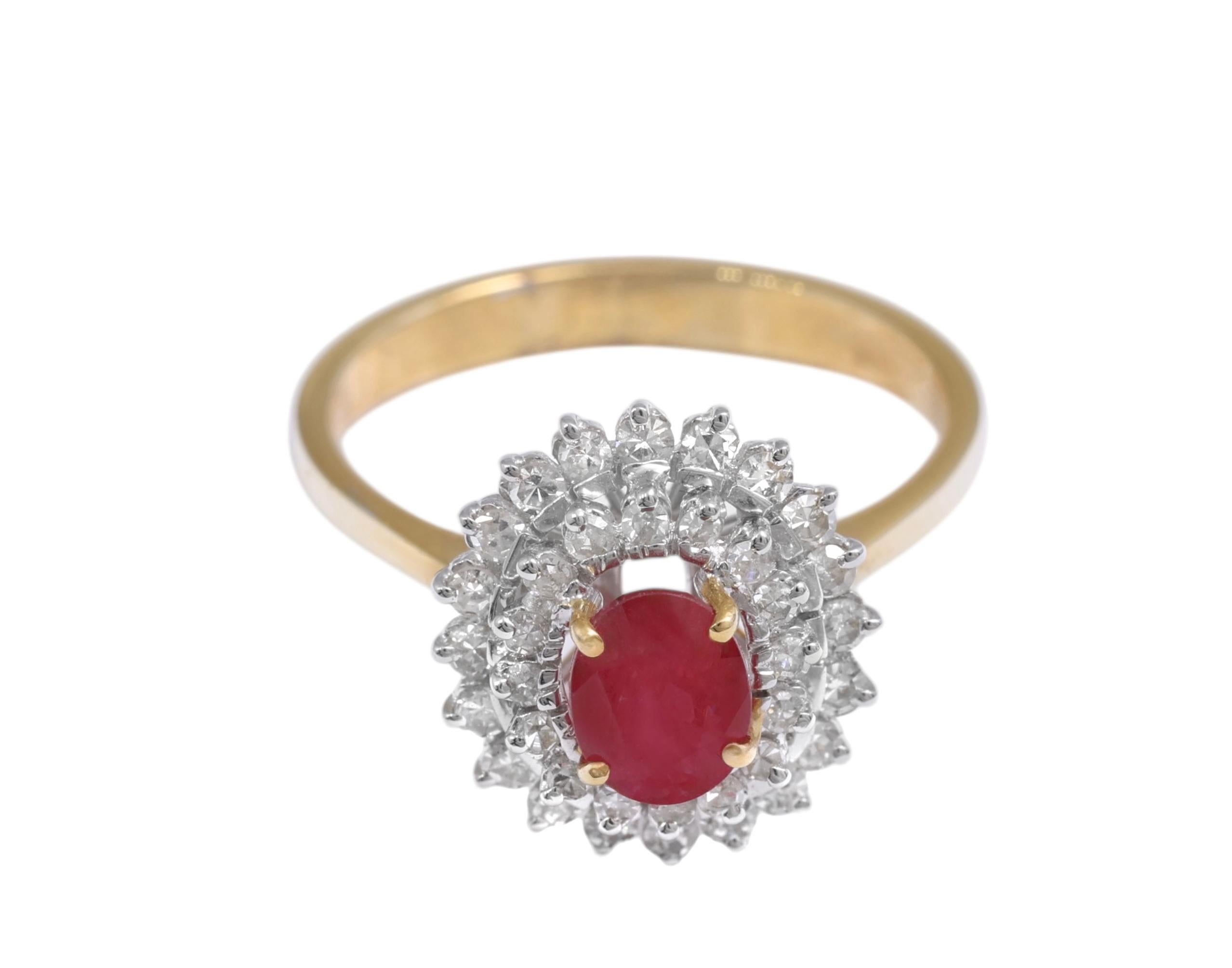 YELLOW & WHITE GOLD RUBY & DIAMOND RING.

MATERIAL: 18K yellow & white gold.

SIZE: 56 1/2

WEIGHT: 3.1 dwt, 0.170 oz, 4.9 grams.

DIAMOND: Eight Cut total circa 0.56 ct

RUBY: 1.06 ct