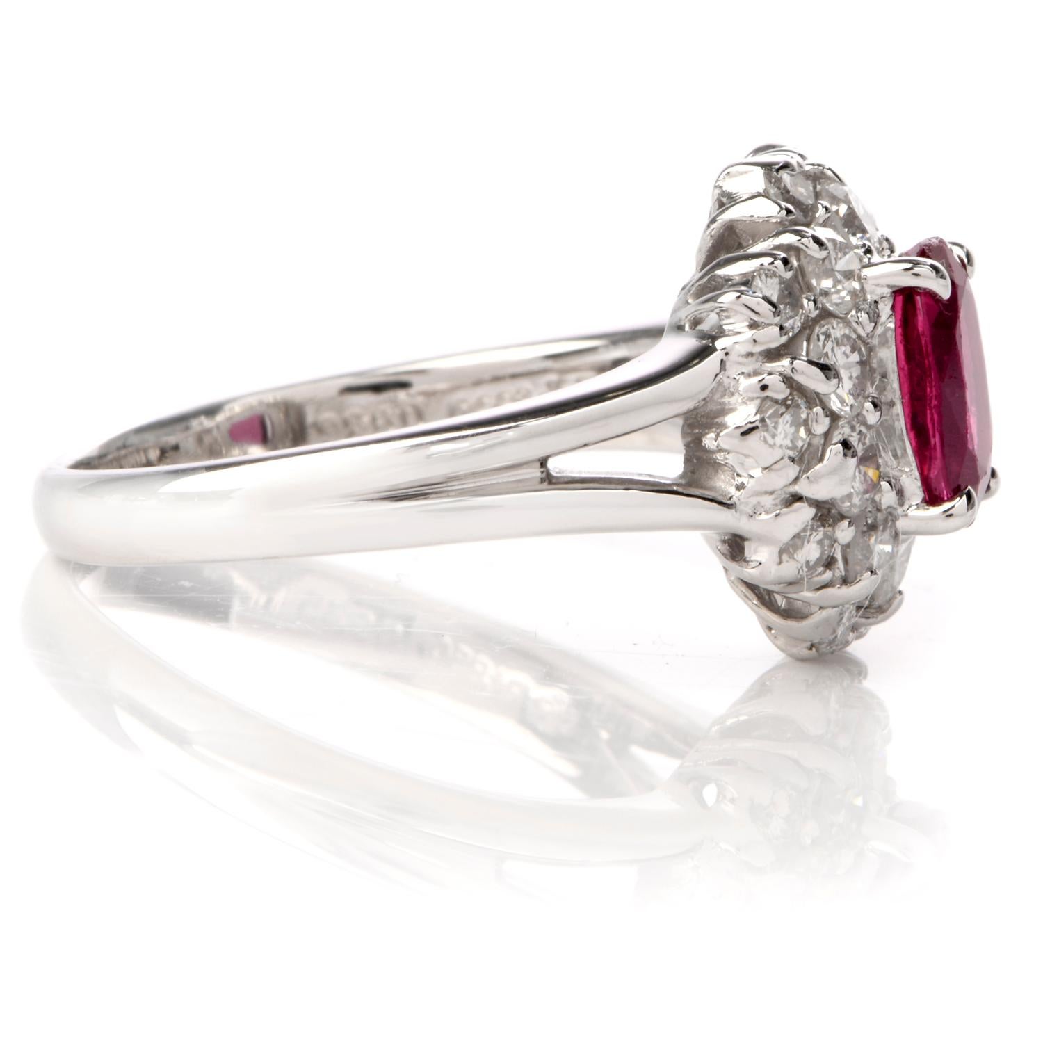 Ruby Diamond Halo Platinum Cocktail Ring In Excellent Condition In Miami, FL