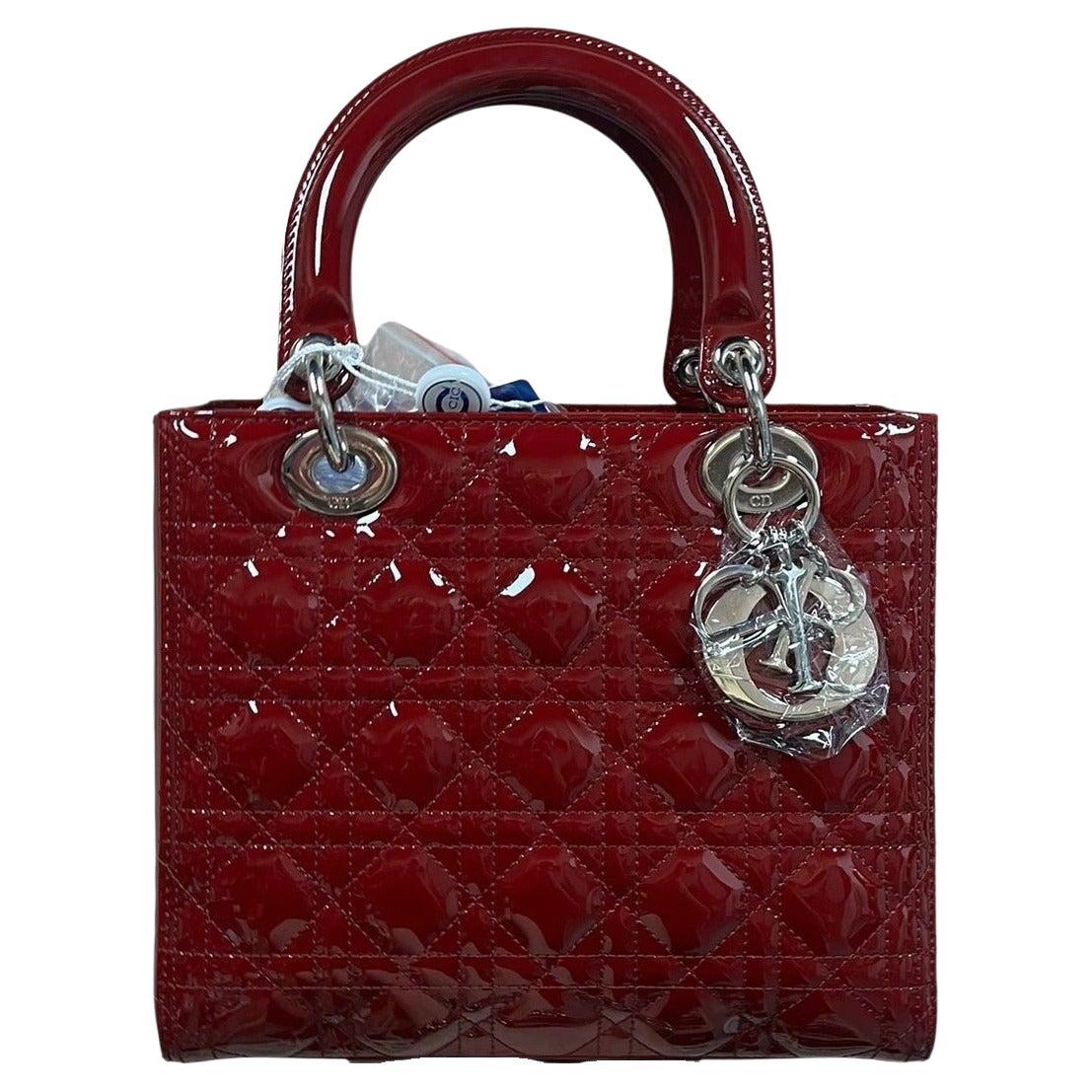 Lady Dior 2017 Medium Burgundy Patent Leather Handbag Adjustable Strap For Sale