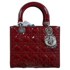 Used Lady Dior 2017 Medium Burgundy Patent Leather Handbag Adjustable Strap