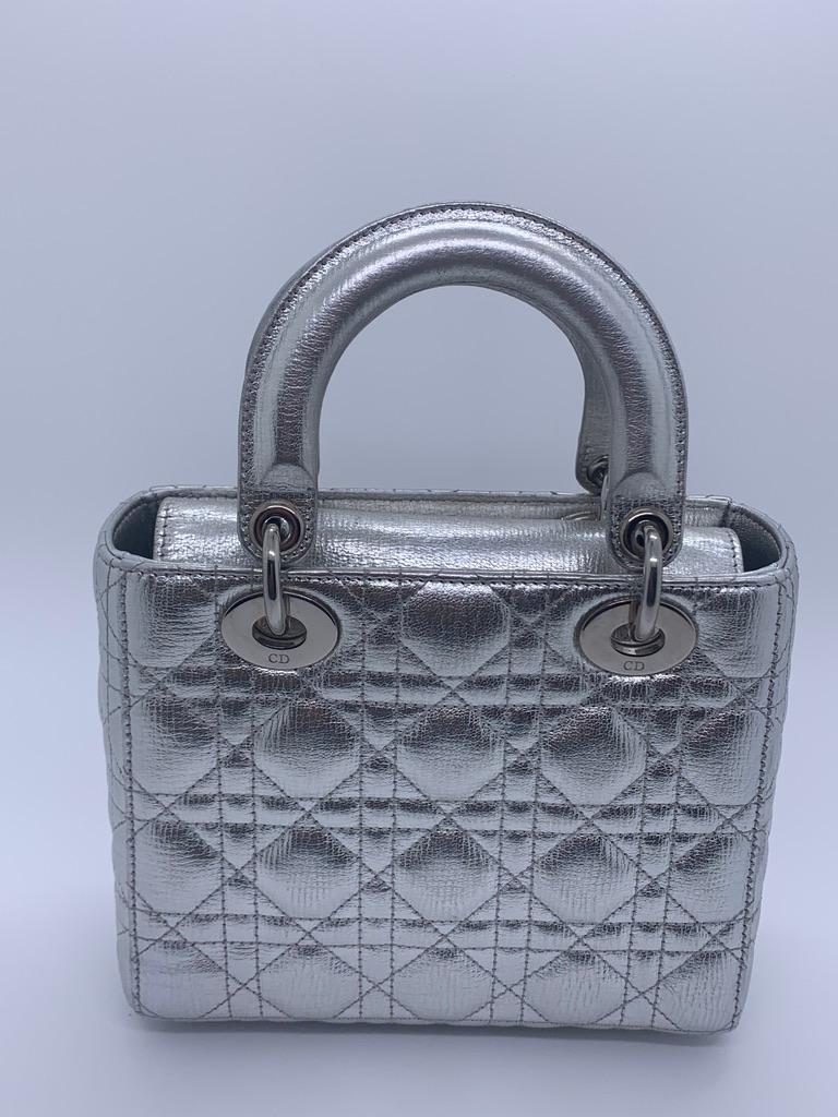 Lady Dior ABCdior Small Silver Cannage Lambskin Handbag with Strap In Excellent Condition In AUBERVILLIERS, FR