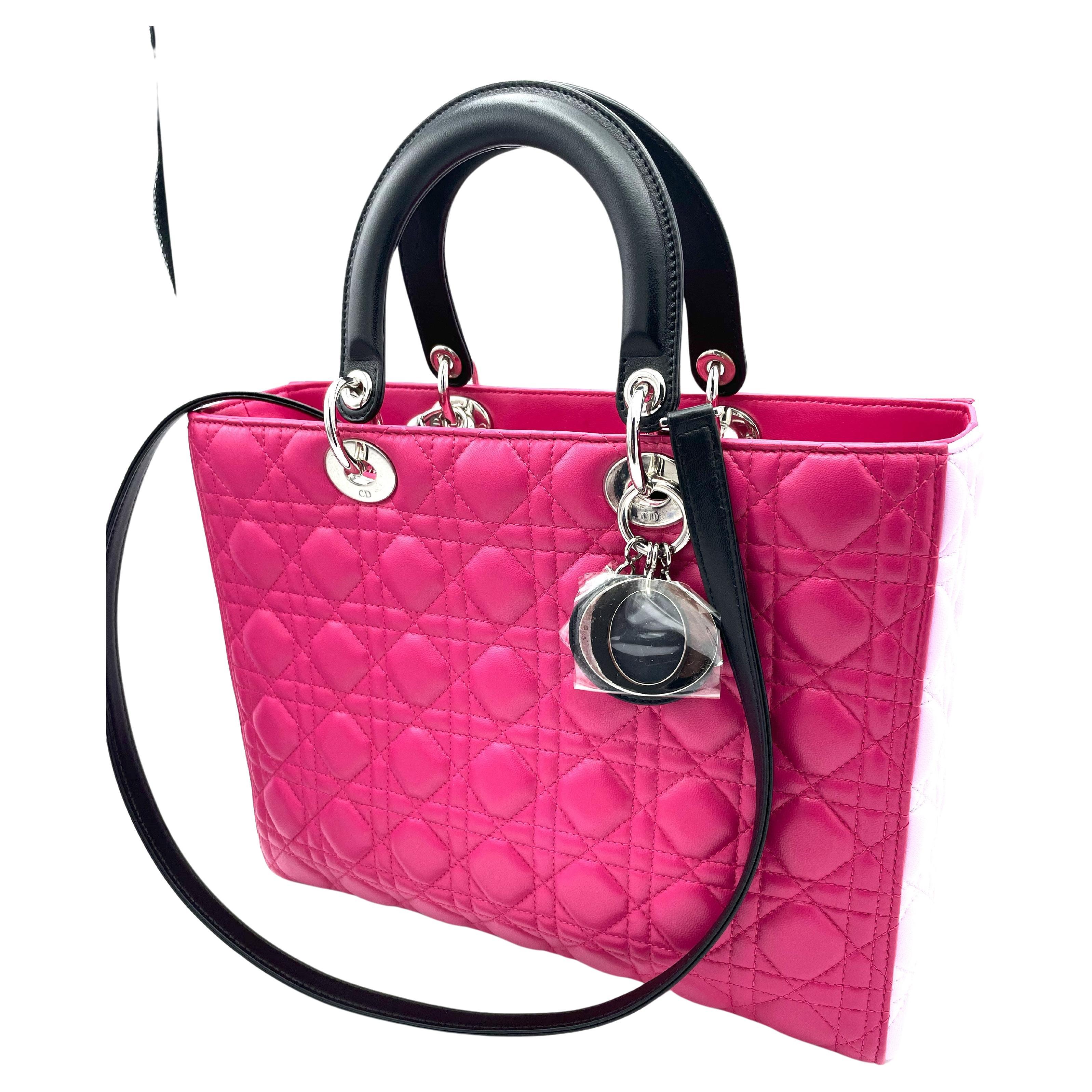 Purple LADY DIOR BAG, large, lilia pink and black calfskin leather, Ch. Dior 2014 Paris For Sale
