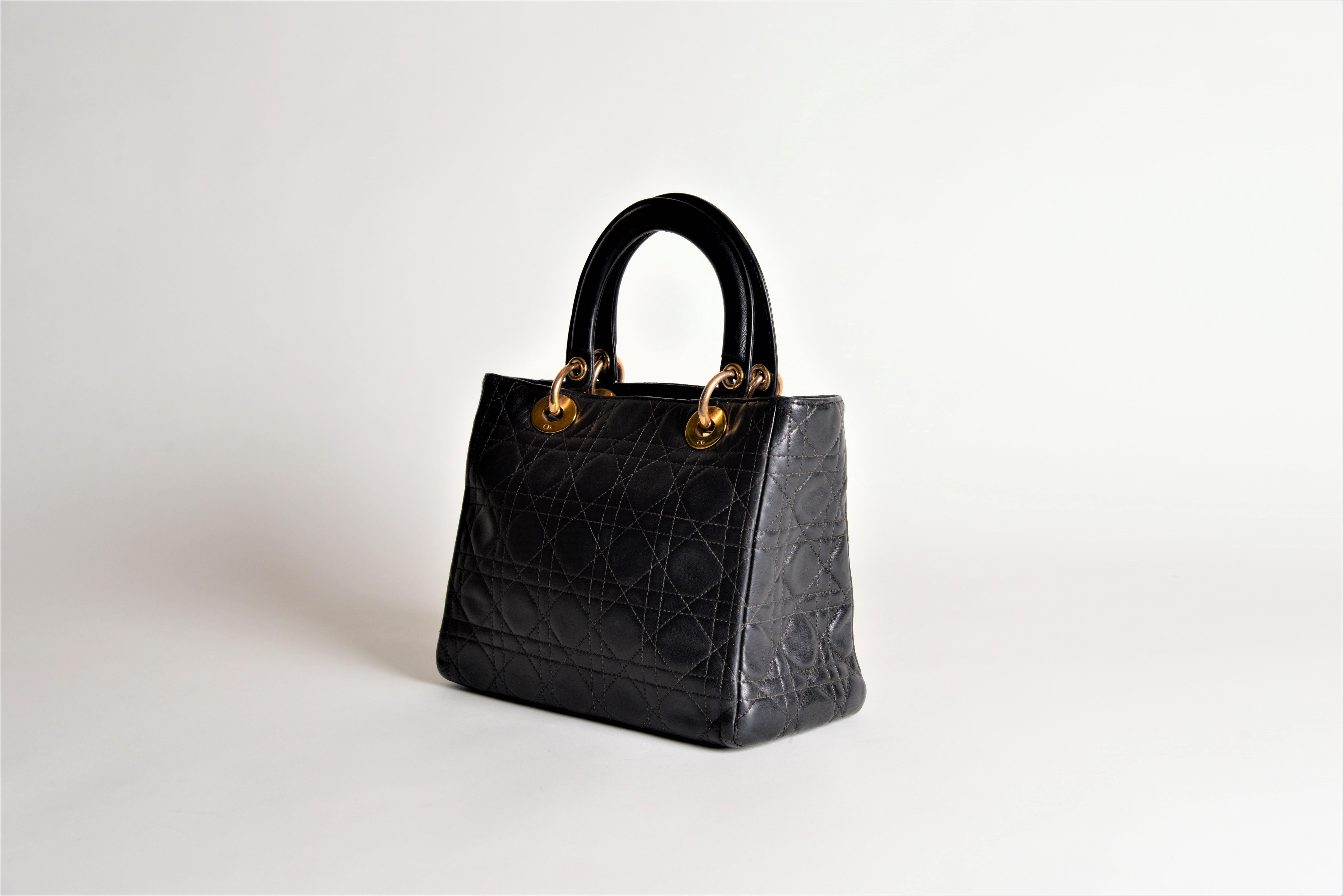 Lady Dior Black Quilted Lambskin Bag Medium In Good Condition In Roosendaal, NL