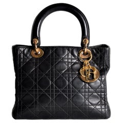 Used Lady Dior Black Quilted Lambskin Bag Medium