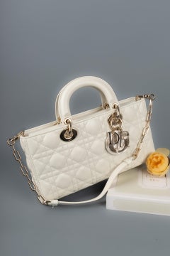 Lady Dior D-joy Medium White Lambskin Bag with Champagne Metal Elements