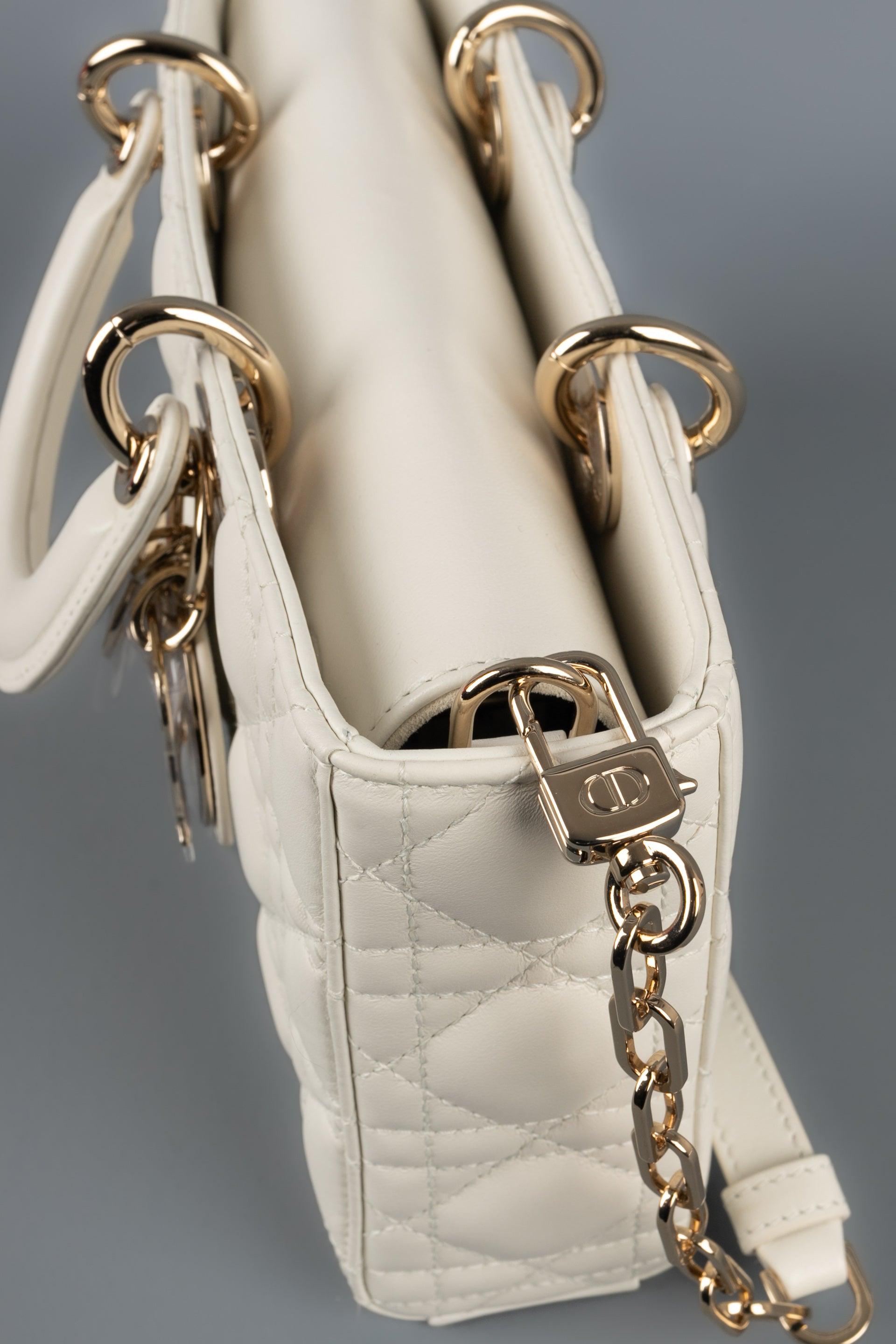 Lady Dior D-joy Medium White Lambskin Bag with Champagne Metal Elements 4