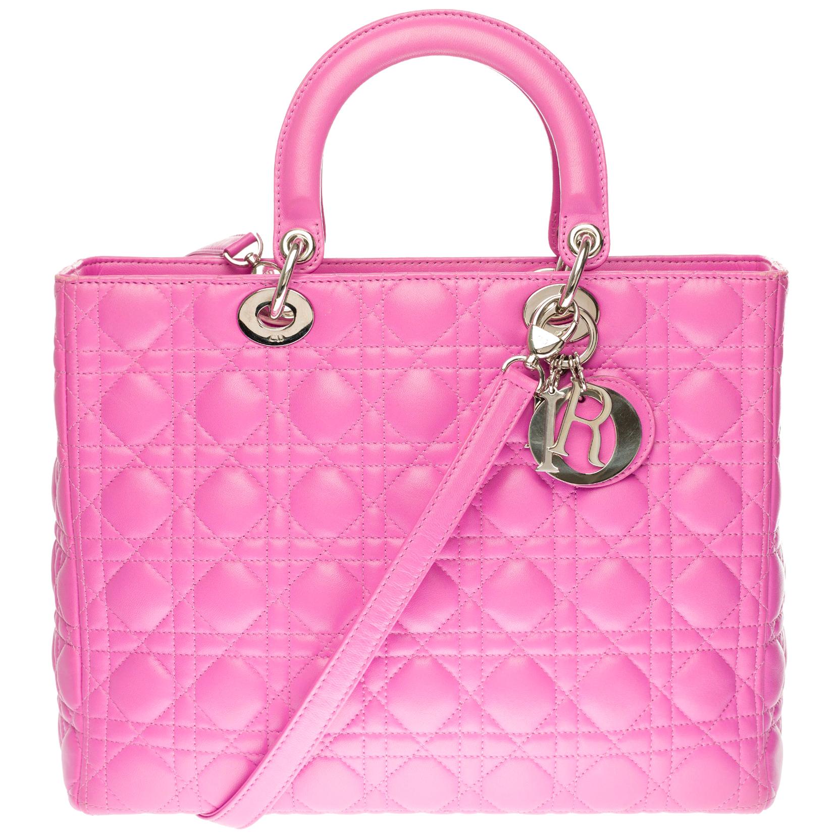 Lady Dior GM ( large model) shoulder bag with strap in pink cannage leather, SHW