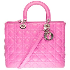 Sac à bandoulière Lady Dior GM ( grand modèle ) avec bandoulière en cuir de cannage rose:: SHW