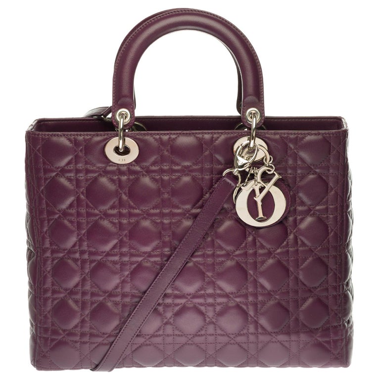 Christian Dior Lambskin Patent Stitched Cannage Medium Lady Dior Beige Purple
