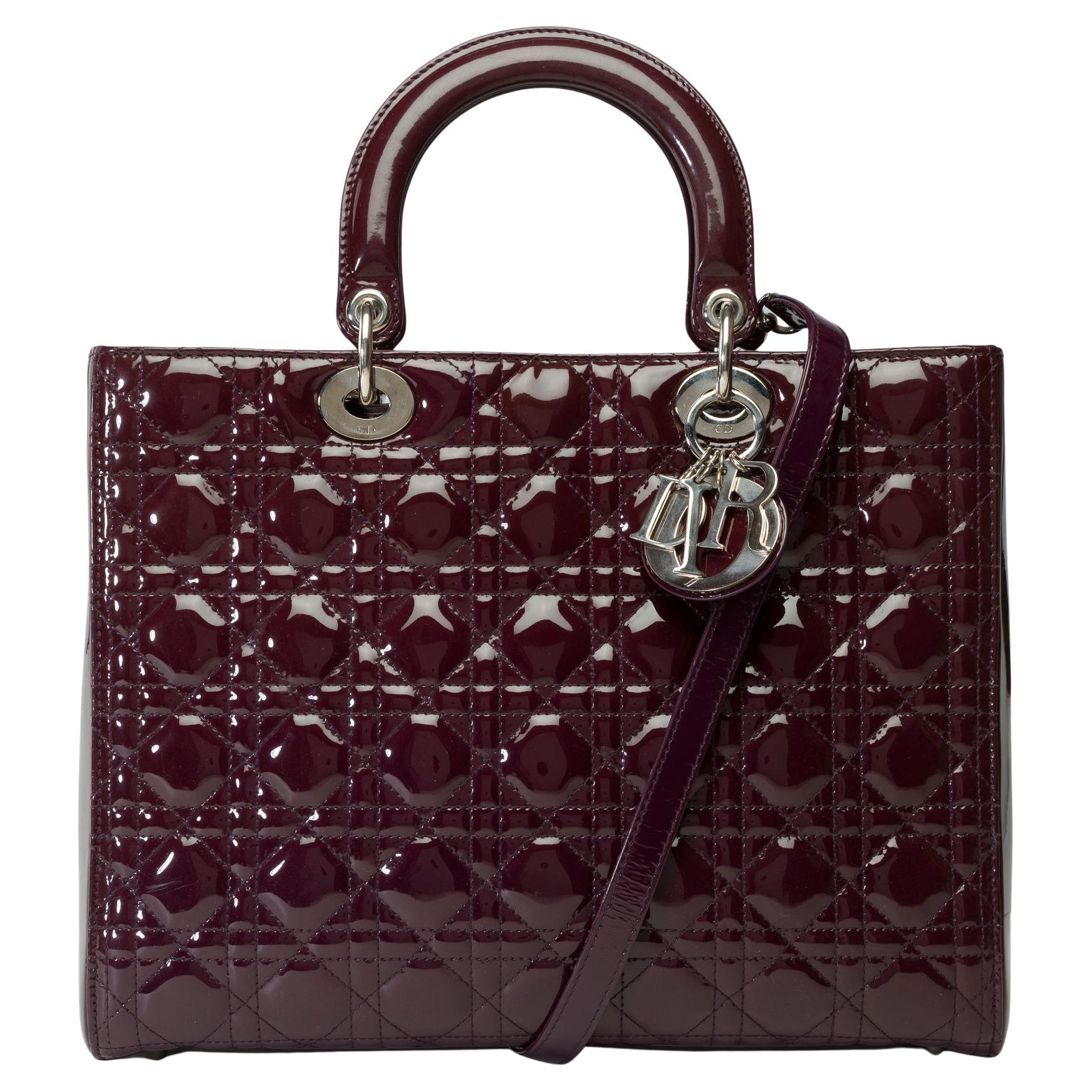 Lady Dior GM ( large size) handbag strap in Purple patent leather, PHW For Sale