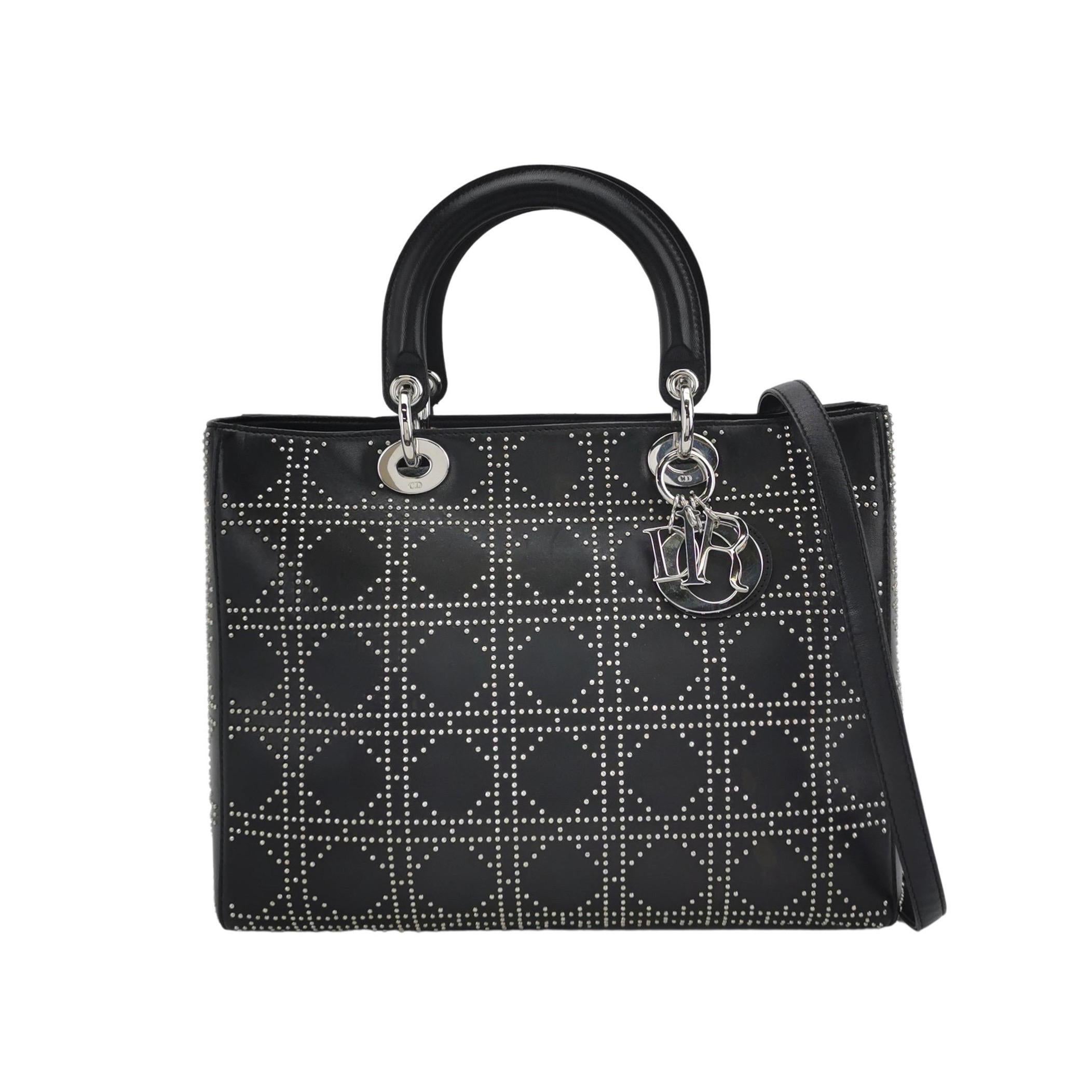 Lady Dior Grande in pelle d'agnello nera con diamante e borchie d'argento Hardware d'argento in vendita