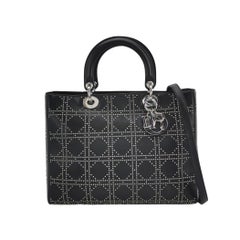 Lady Dior Grande in pelle d'agnello nera con diamante e borchie d'argento Hardware d'argento