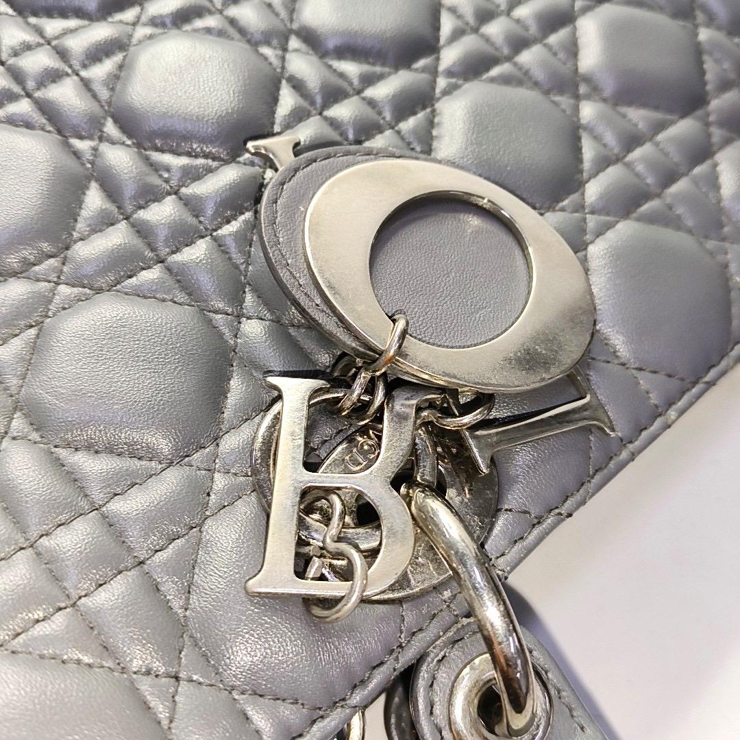 Lady Dior Large Dark Grey Lambskin Cannage Leather Silver Hardware For Sale 8