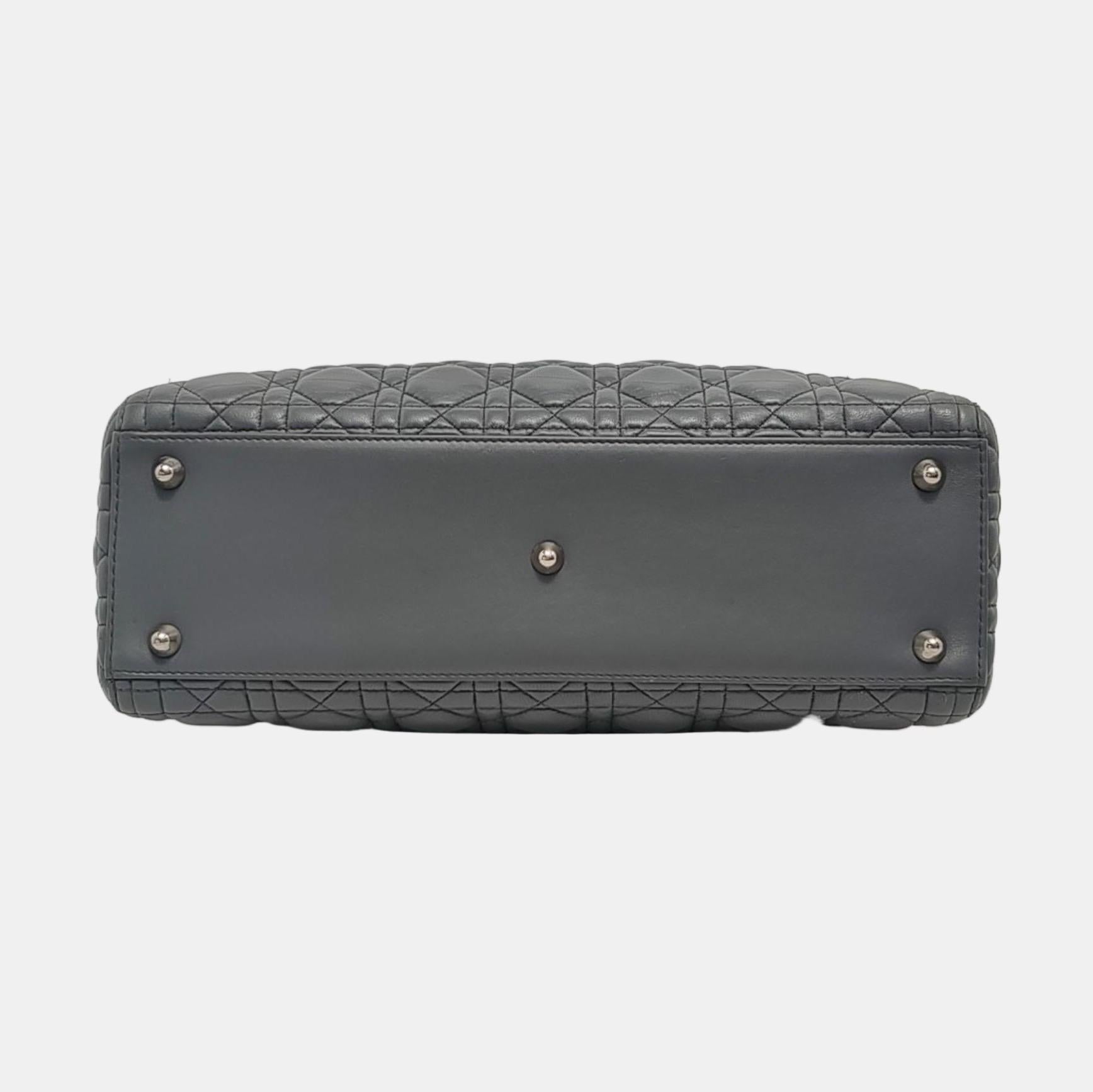 Women's Lady Dior Large Dark Grey Lambskin Cannage Leather Silver Hardware For Sale