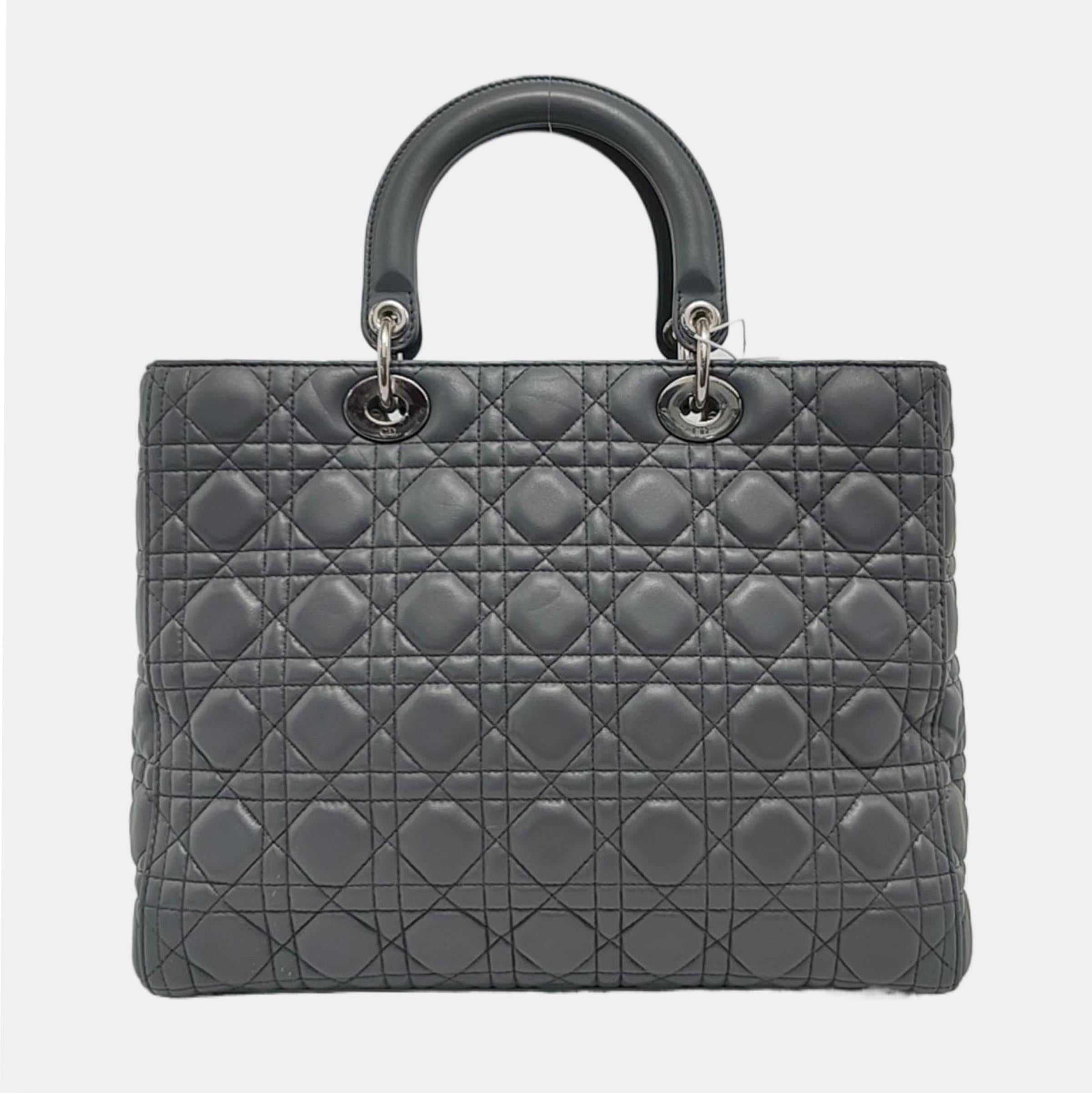 Lady Dior Large Dark Grey Lambskin Cannage Leather Silver Hardware For Sale 1