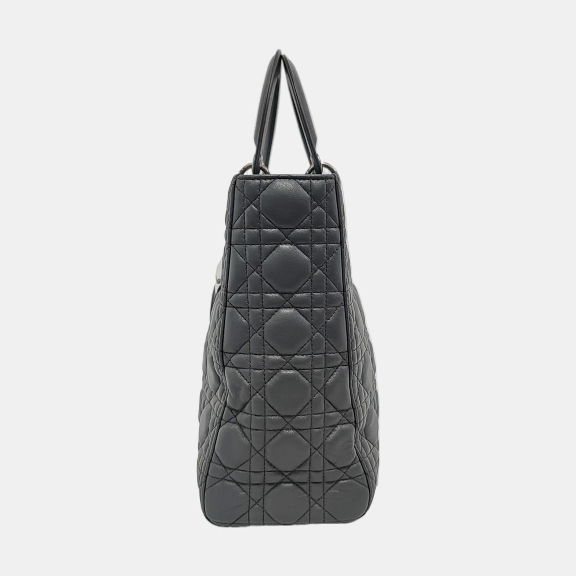 Lady Dior Large Dark Grey Lambskin Cannage Leather Silver Hardware For Sale 2