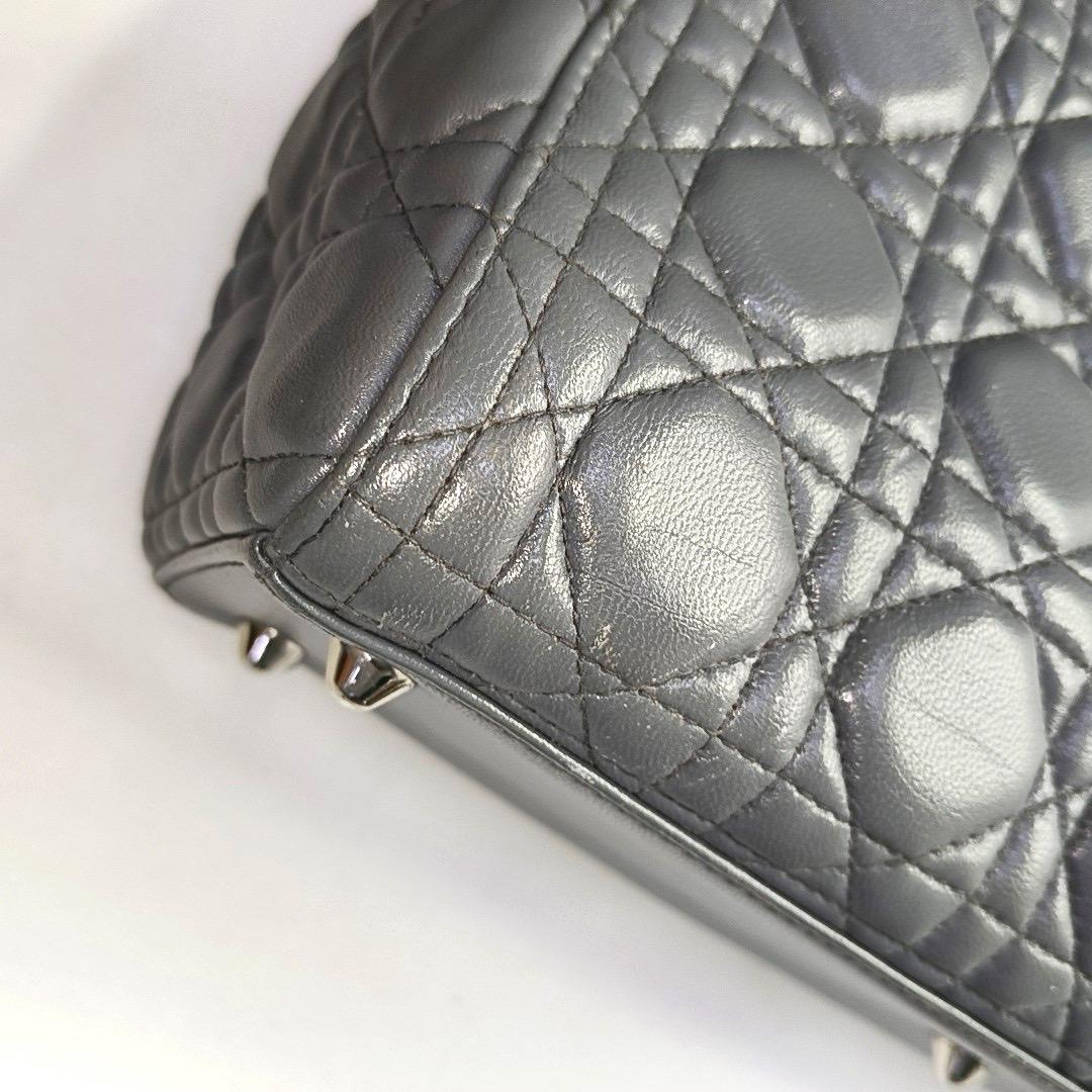 Lady Dior Large Dark Grey Lambskin Cannage Leather Silver Hardware For Sale 4