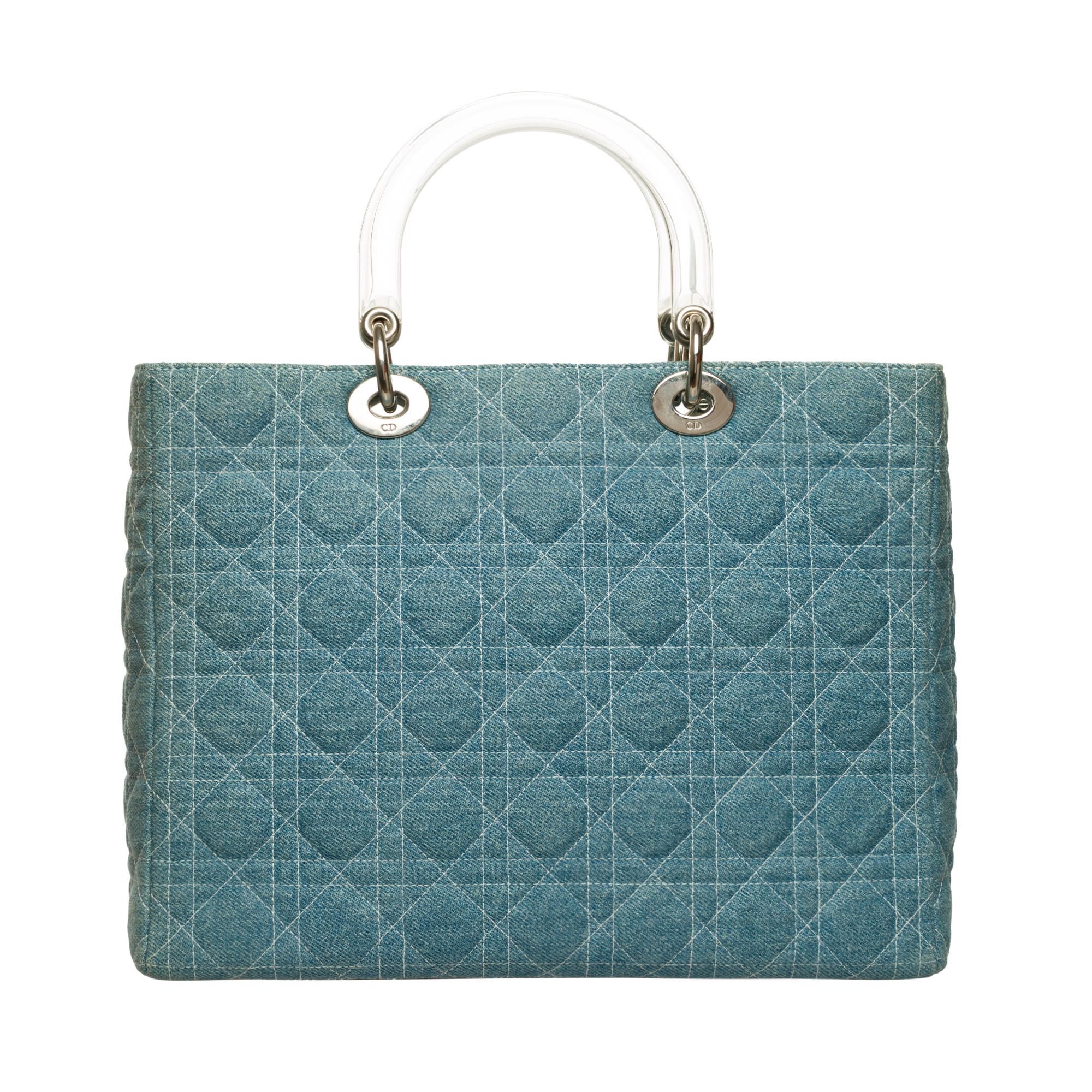 Lady Dior modello grande in denim blu con tracolla, hardware argentato In condizioni ottime a Paris, IDF