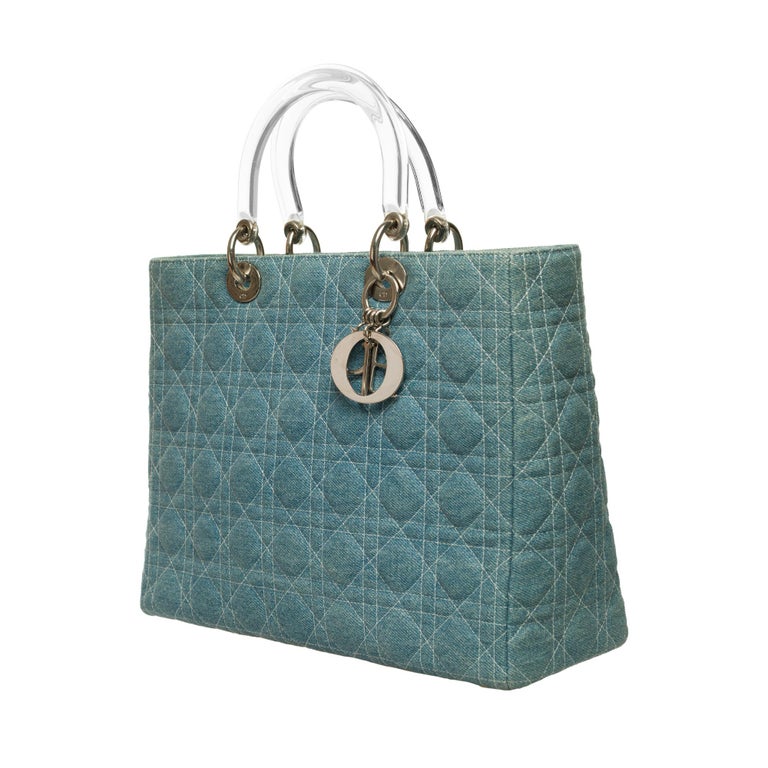 Lady Dior large model in blue denim handbag with strap, silver hardware For  Sale at 1stDibs