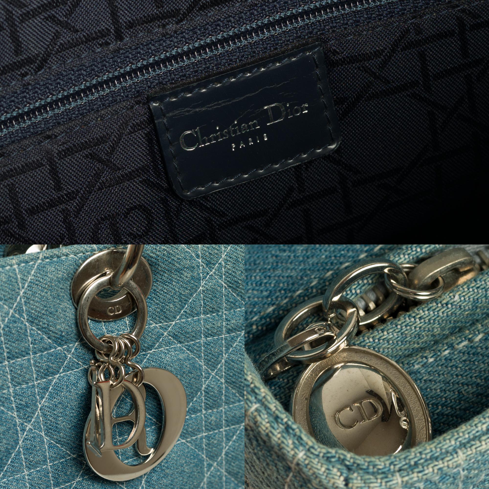 Lady Dior large model in blue denim shoulder bag with strap, silver hardware In Excellent Condition In Paris, IDF