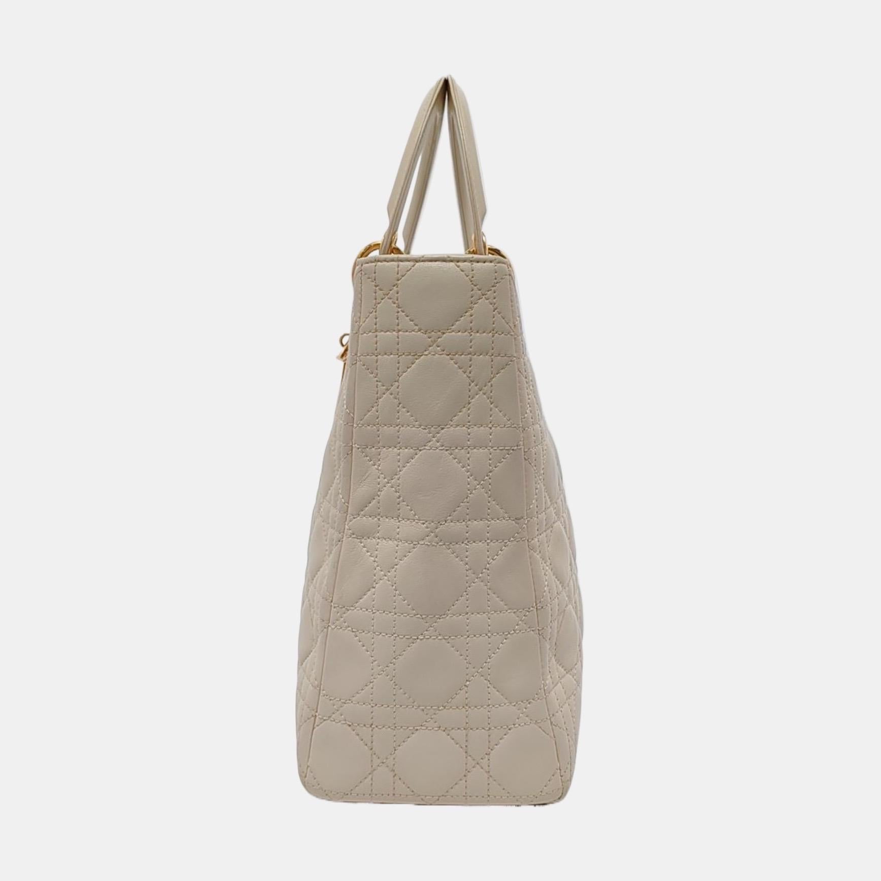 Brown Lady Dior Large Off White Lambskin Cannage Leather Gold Hardware For Sale