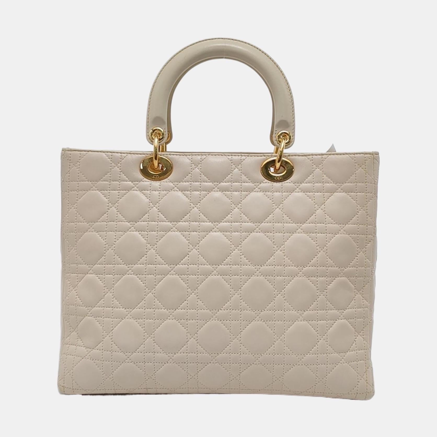 Lady Dior Large Off White Lambskin Cannage Leather Gold Hardware For Sale 1
