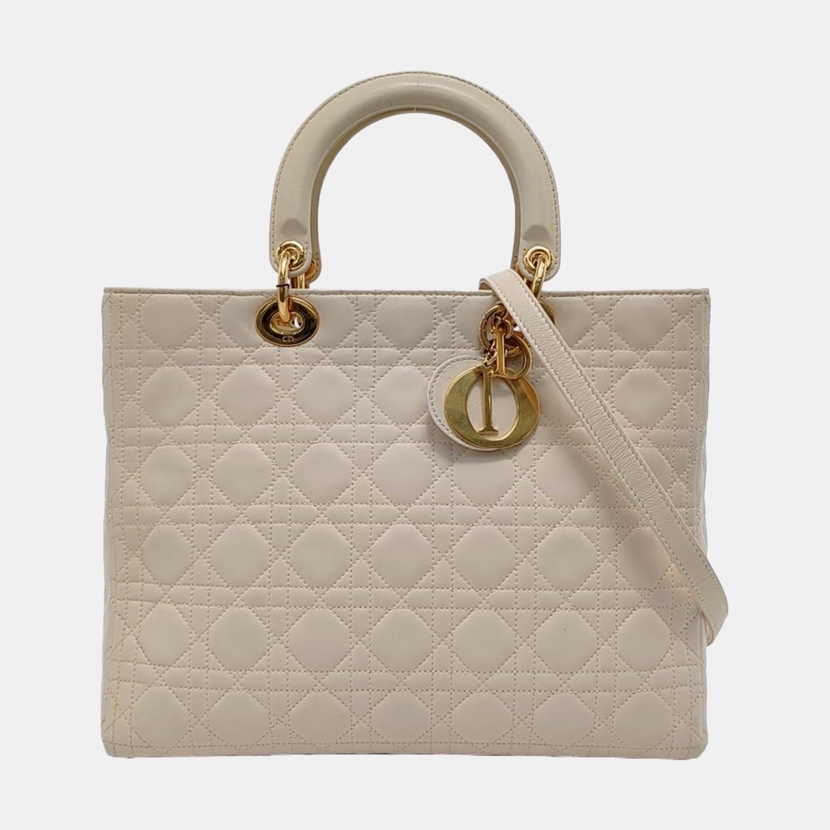 Lady Dior Large Off White Lambskin Cannage Leather Gold Hardware For Sale 3