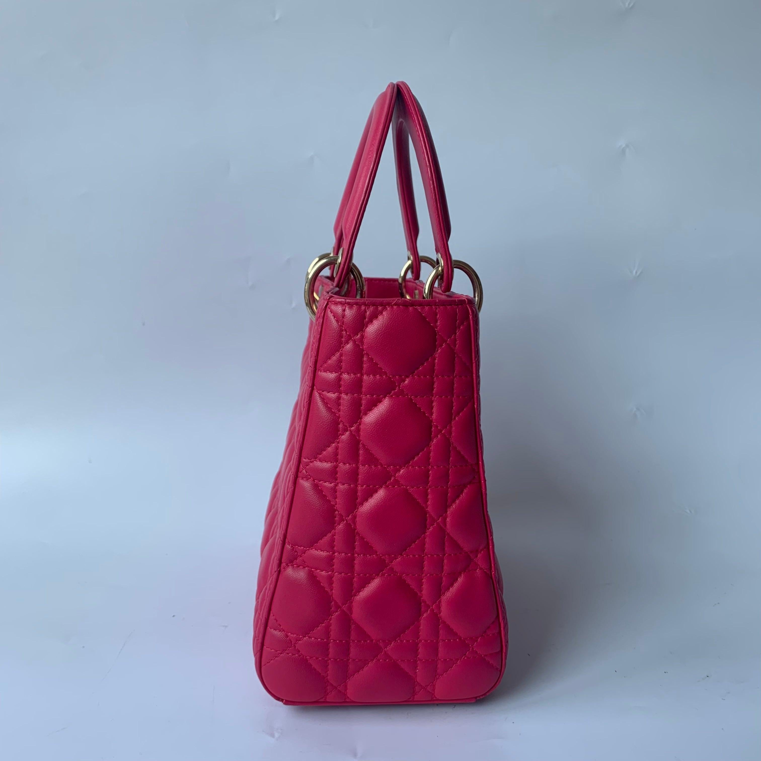 Red Lady Dior Medium Bag Fuchsia Cannage Lambskin Leather Gold-tone Hardware