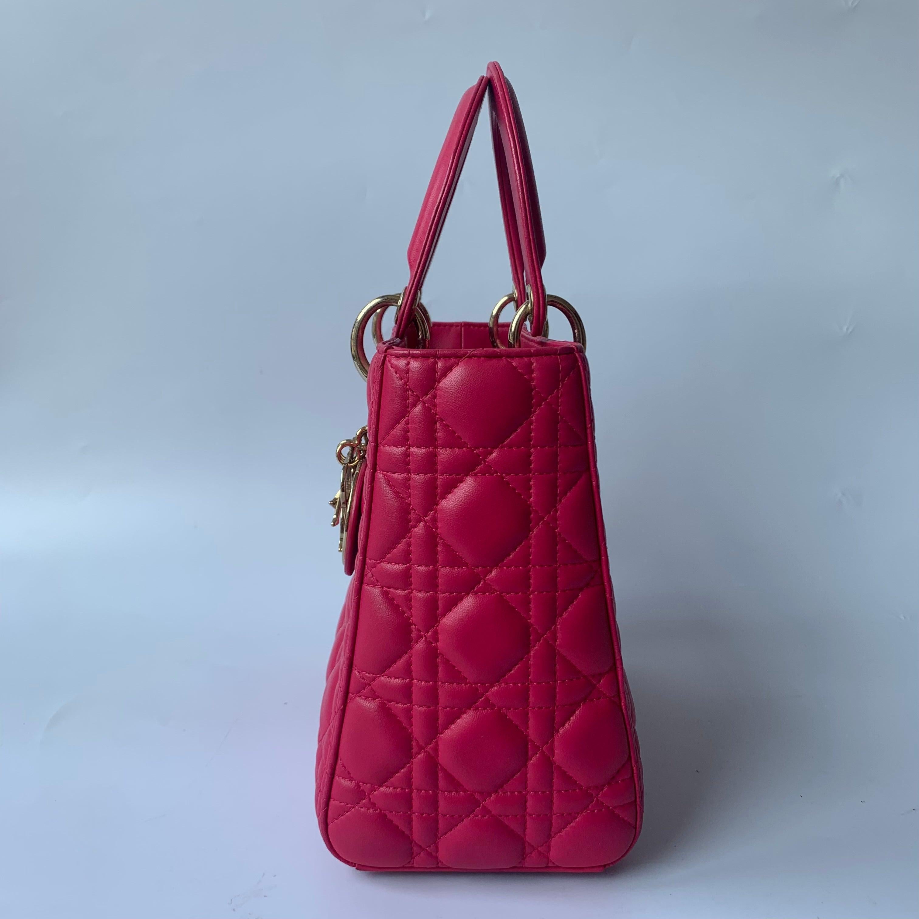 Lady Dior Medium Bag Fuchsia Cannage Lambskin Leather Gold-tone Hardware In Excellent Condition In AUBERVILLIERS, FR