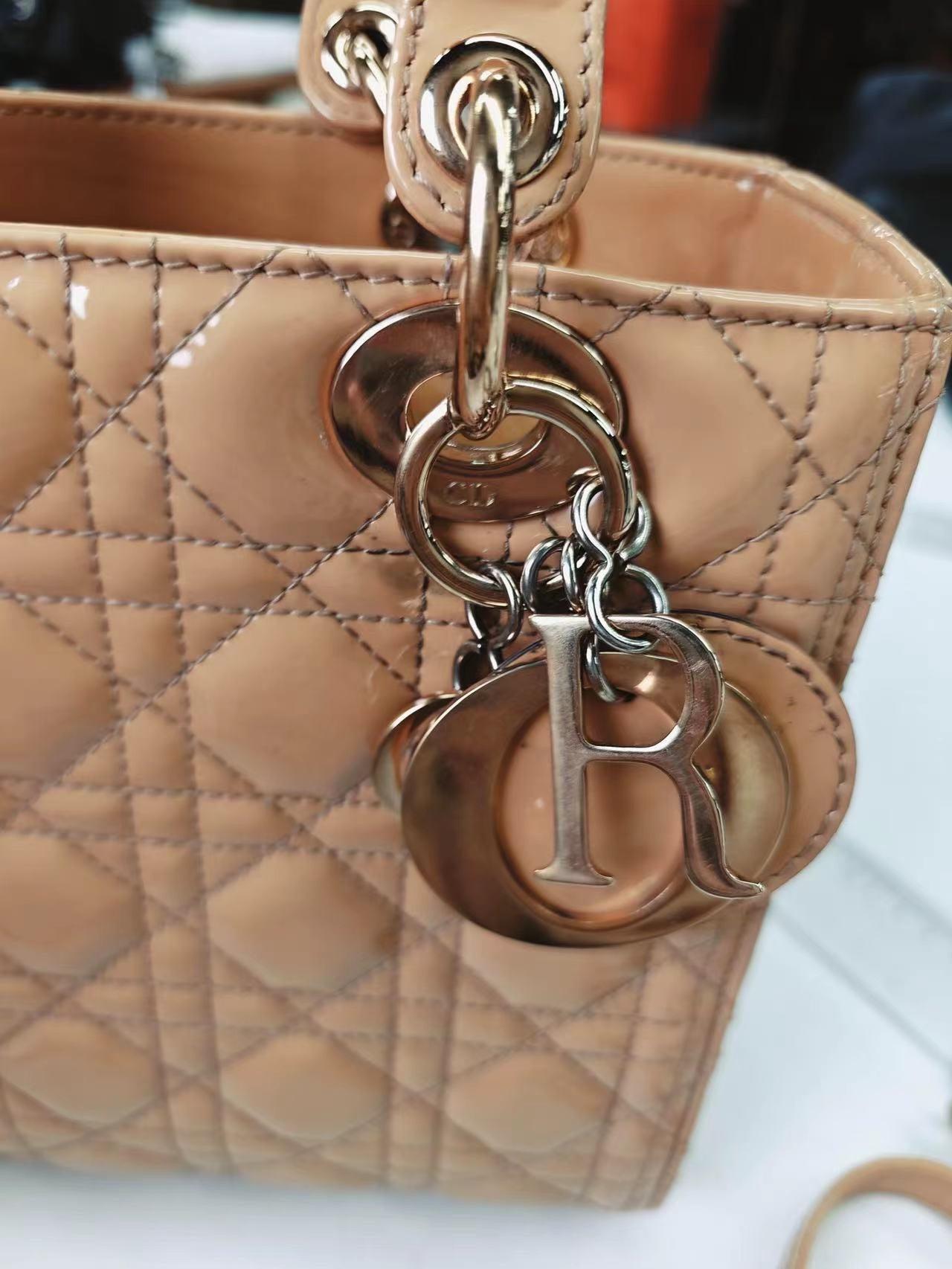 Lady Dior Medium Beige Patent Leather with Silver-tone Hardware For Sale 12