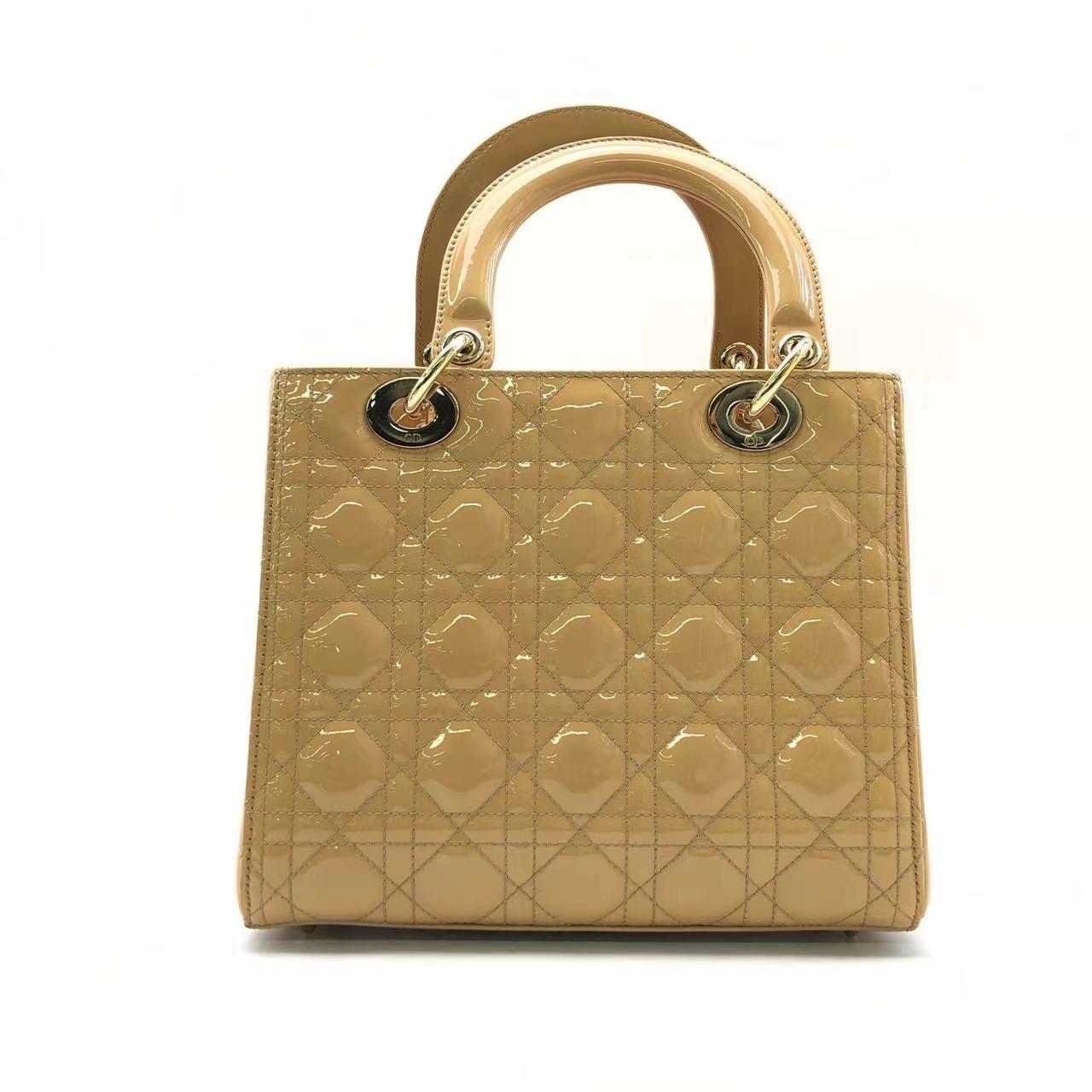 Lady Dior Medium Beige Patent Leather with Silver-tone Hardware These are professional photos of the actual bag offered by Luxbags. The Lady Dior bag is an epitome of elegance and beauty. Accentuate your look with the timeless style of Medium Lady