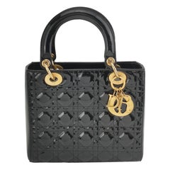 Lady Dior Medium Black Patent Leather Handbag with Gold Hardware