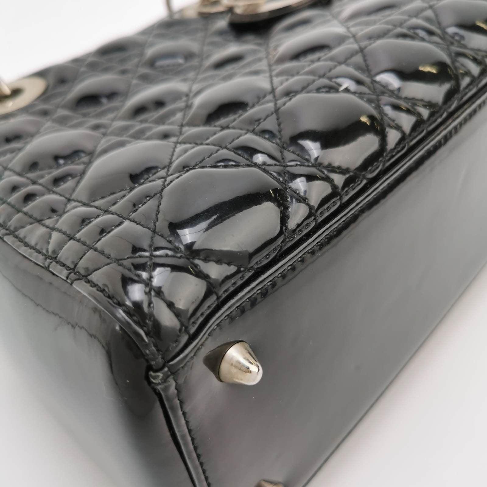 Lady Dior Medium Black Patent Leather Handbag with Silver Hardware For Sale 8