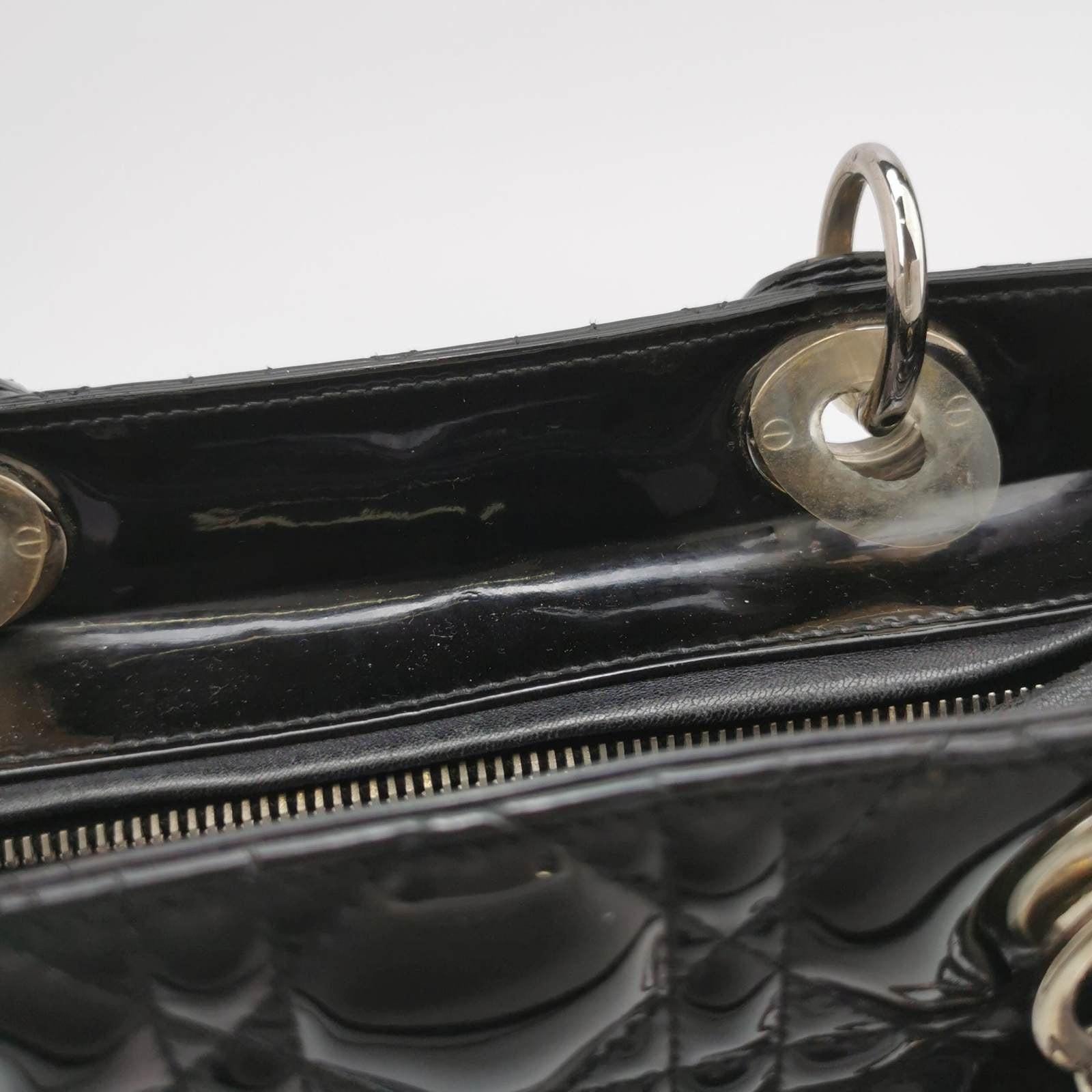 Lady Dior Medium Black Patent Leather Handbag with Silver Hardware For Sale 12
