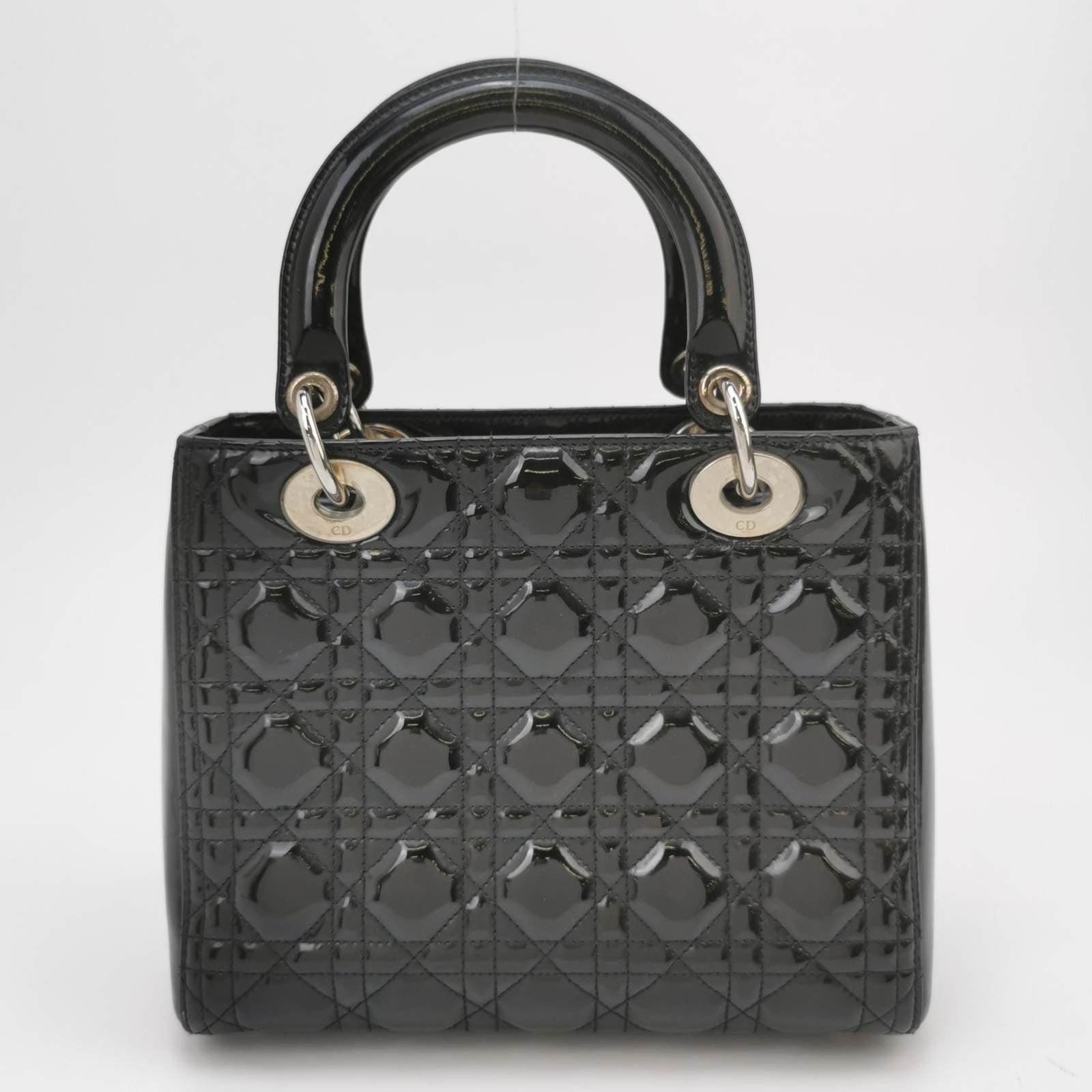 Women's Lady Dior Medium Black Patent Leather Handbag with Silver Hardware For Sale