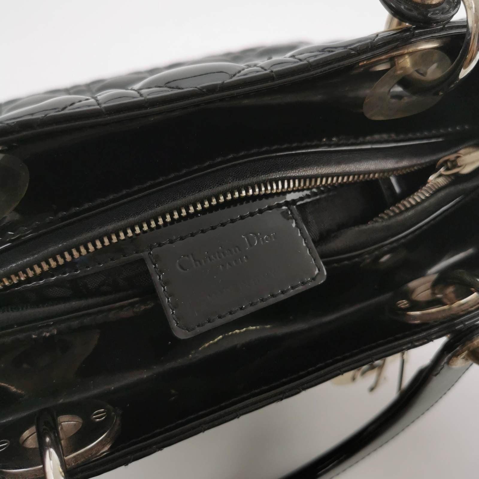 Lady Dior Medium Black Patent Leather Handbag with Silver Hardware For Sale 1