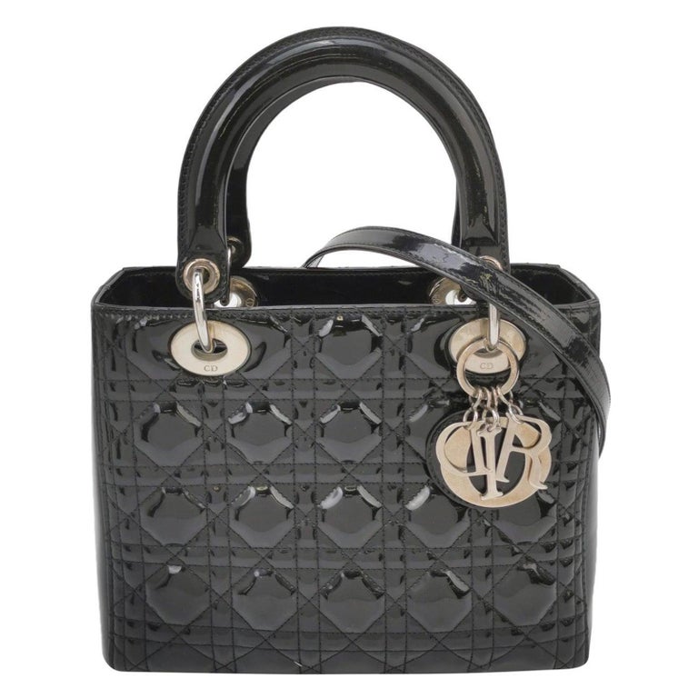 Mini Lady Lady Dior Vernice Nera Borsa Media Lady Dior In Pelle