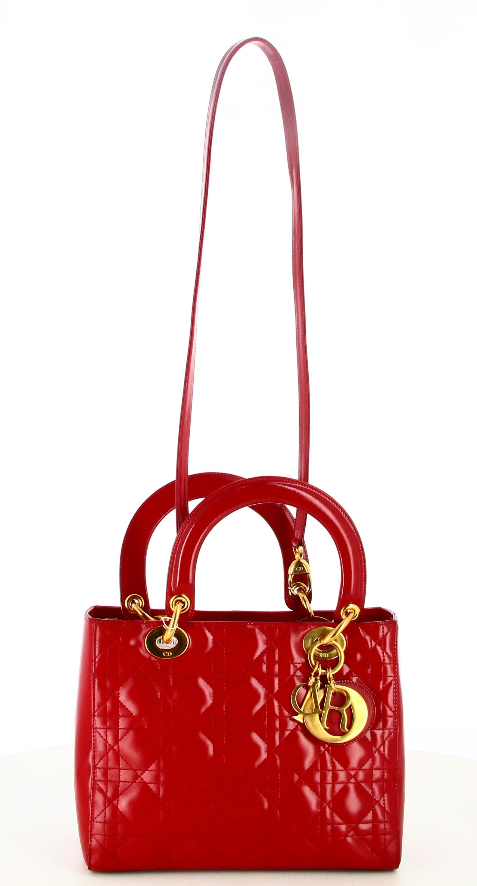 Lady Dior Medium Cannage Handbag

- Very good condition. Slight traces of wear over time.
- Lady Dior handbag 
- Red quilted leather
- Two handles plus one shoulder strap in red leather
- Clasp: golden zip 
- Black lining plus inside pocket