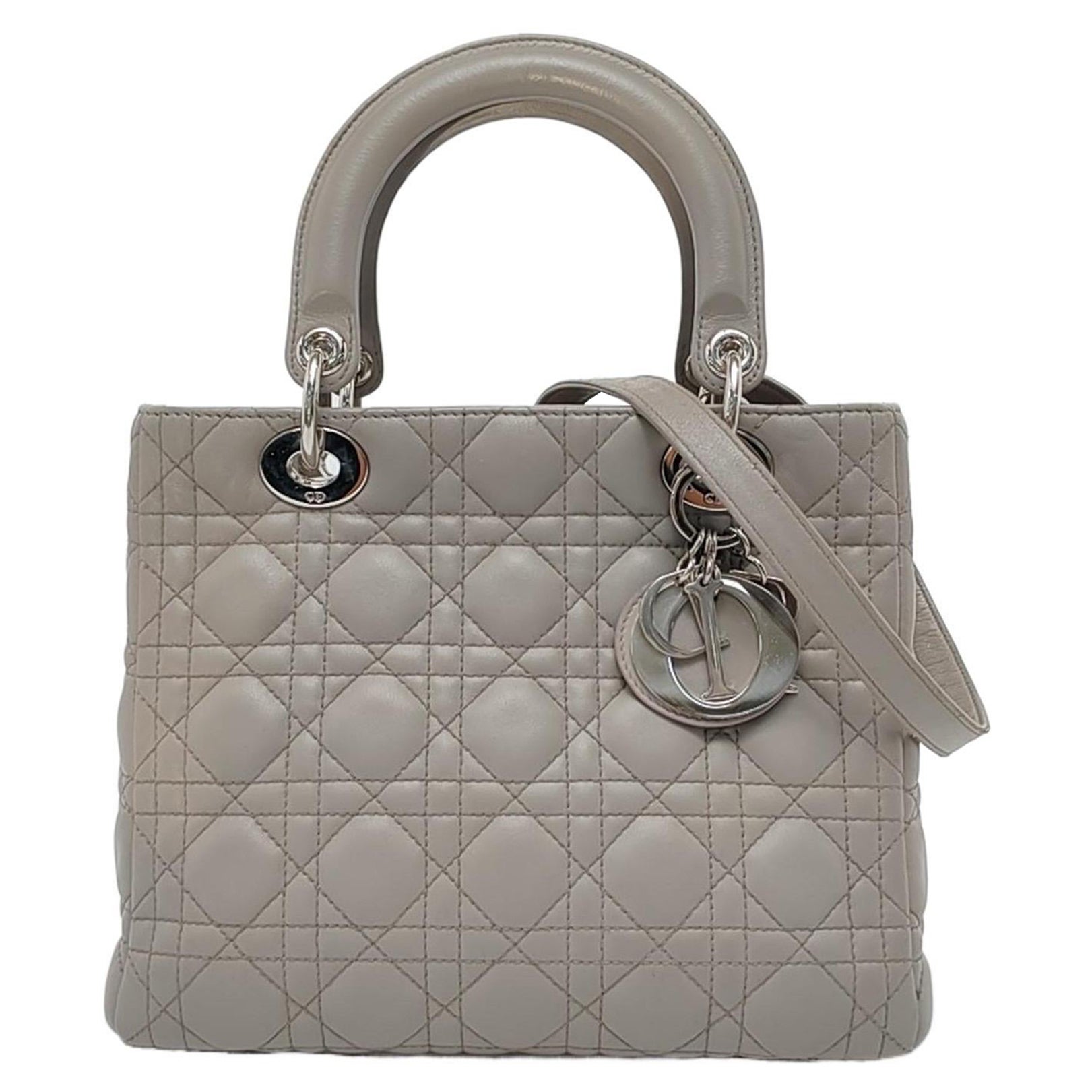 Lady Dior Medium Grey Lambskin Leather Silver Hardware Leather Strap