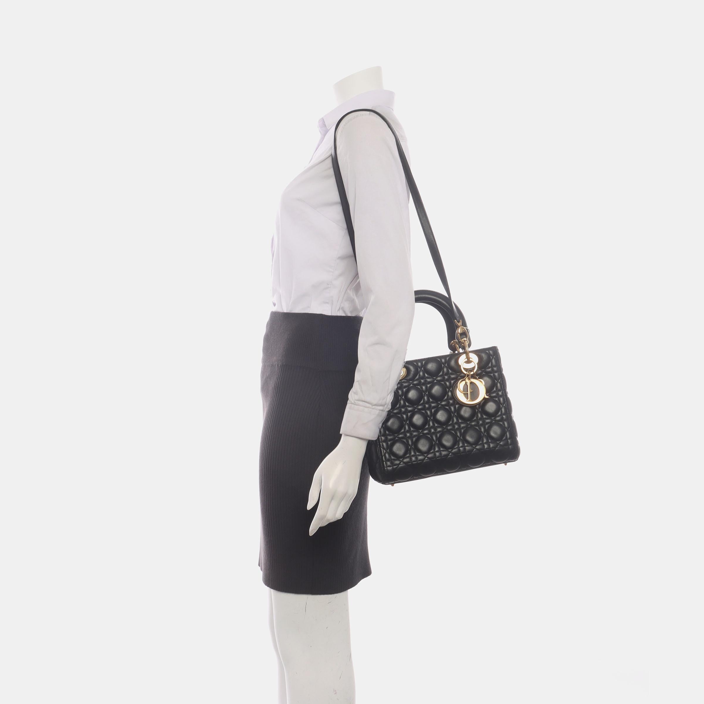 Lady Dior Medium Handbag Black Lambskin Leather Gold Hardware For Sale 8
