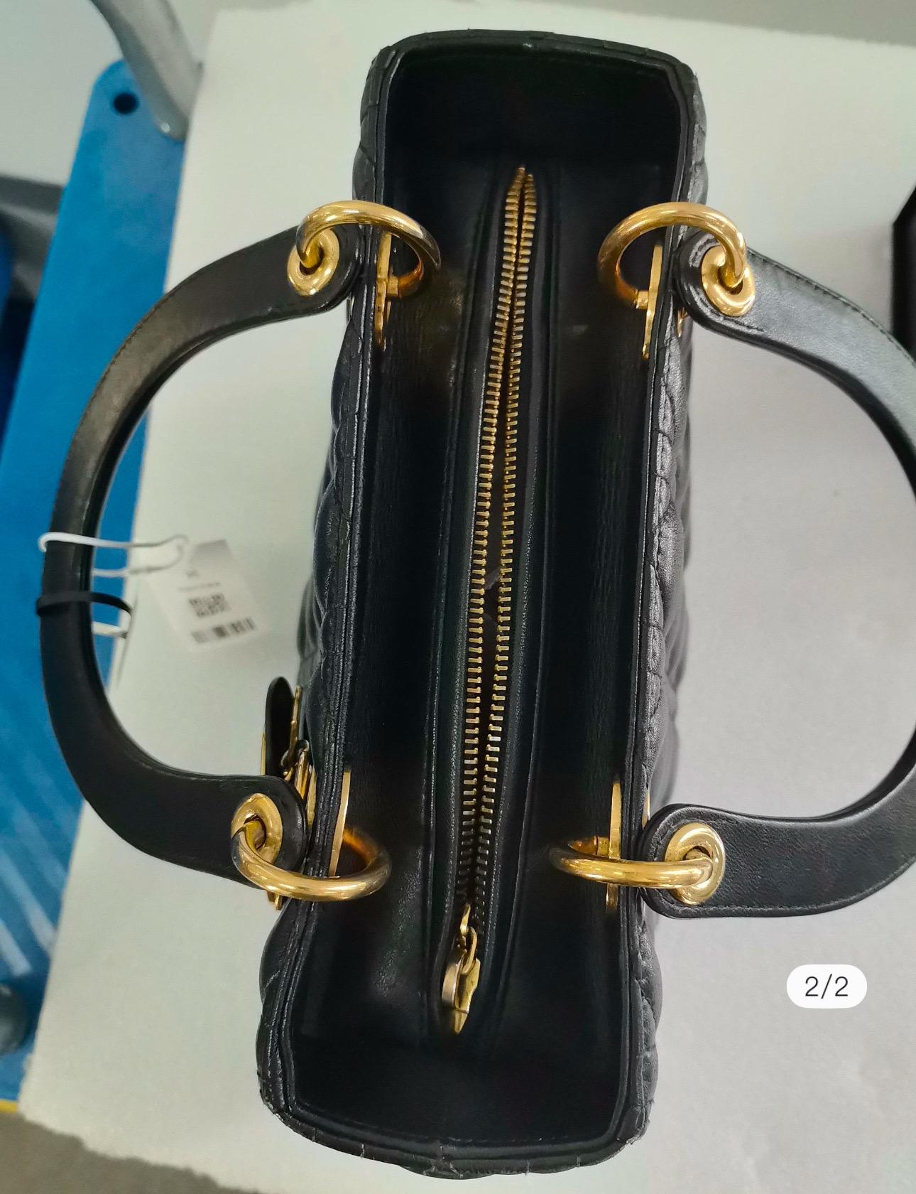 Lady Dior Medium Handbag Black Lambskin Leather Gold Hardware For Sale 12