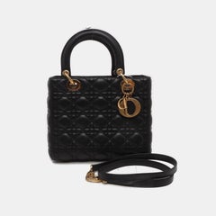 Lady Dior Medium Handbag Black Lambskin Leather Gold Hardware