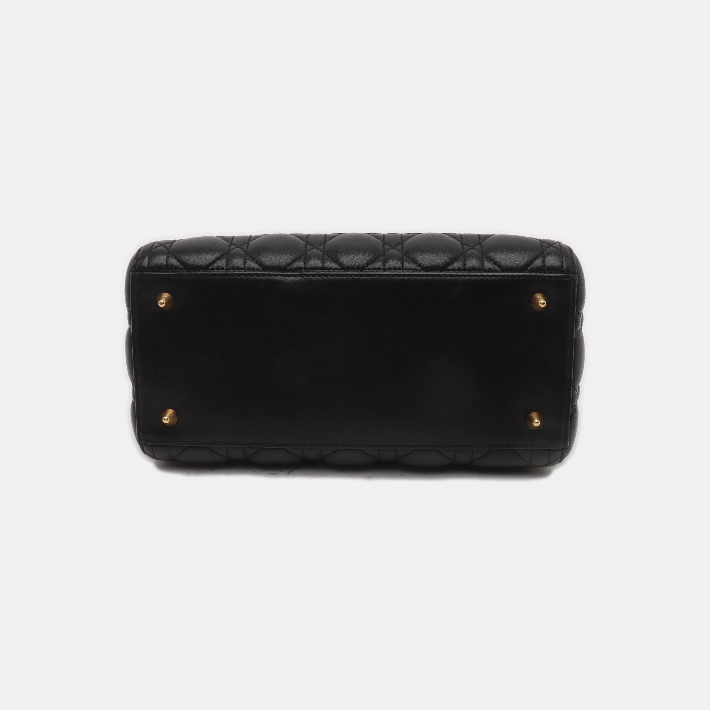 Lady Dior Medium Handbag Black Lambskin Leather Gold Hardware For Sale 1